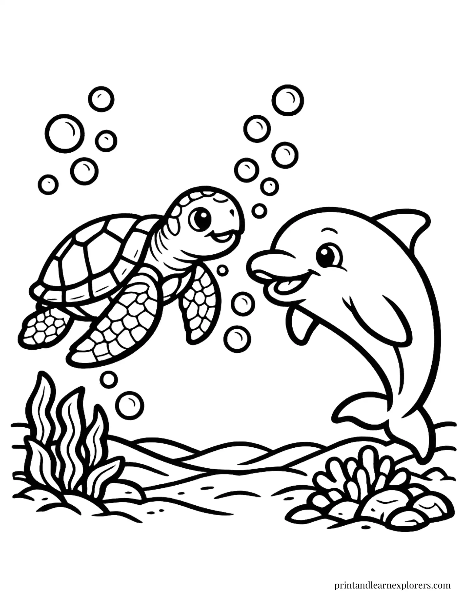 Sea Turtle And Dolphin Friend Coloring Page