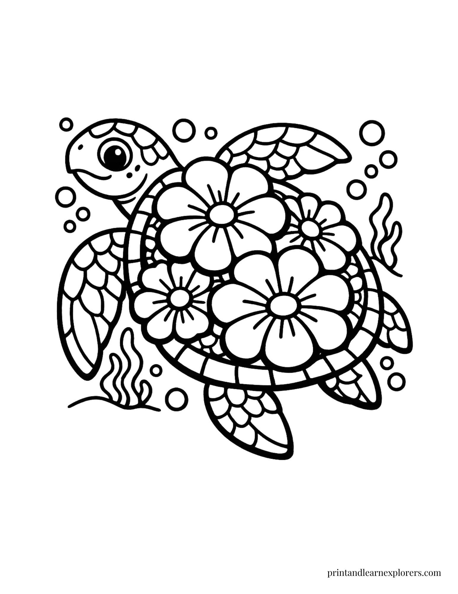 Sea Turtle Decorated With Flowers Coloring Page