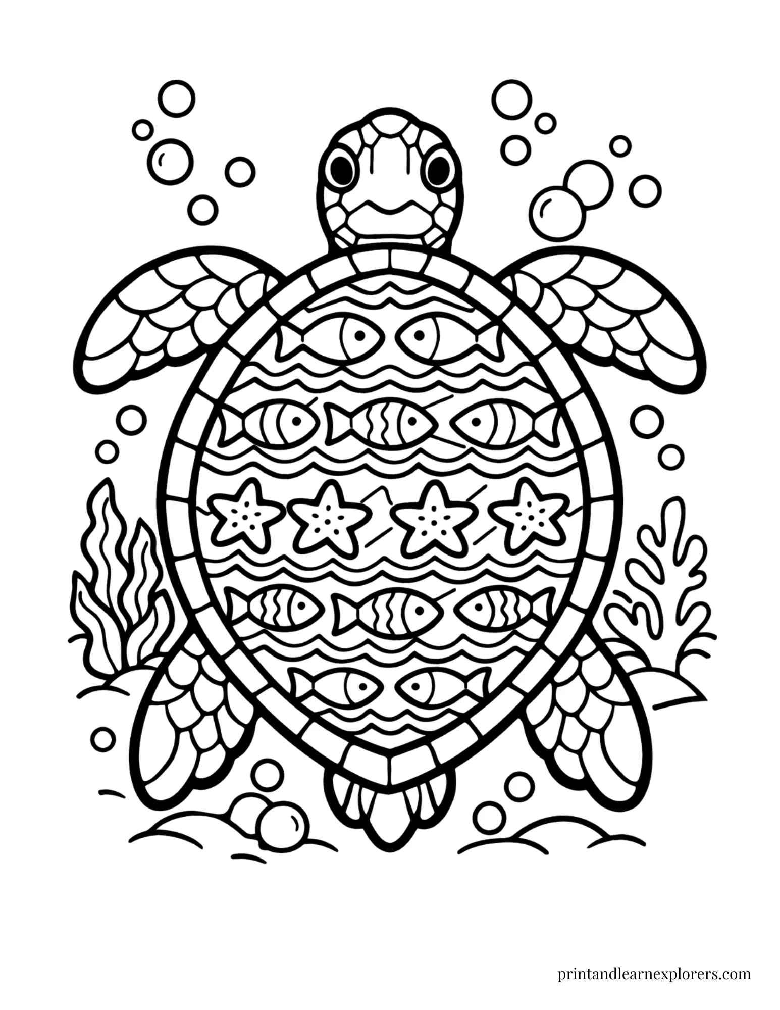 Sea Turtle Fish Pattern Coloring Page