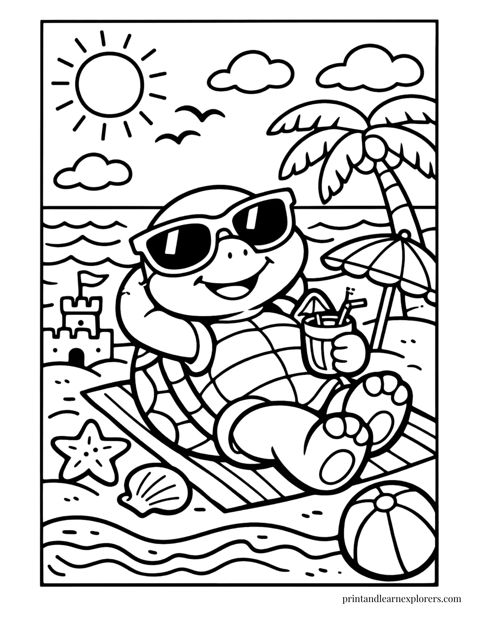 Sea Turtle Sunbathing on Beach Coloring Page