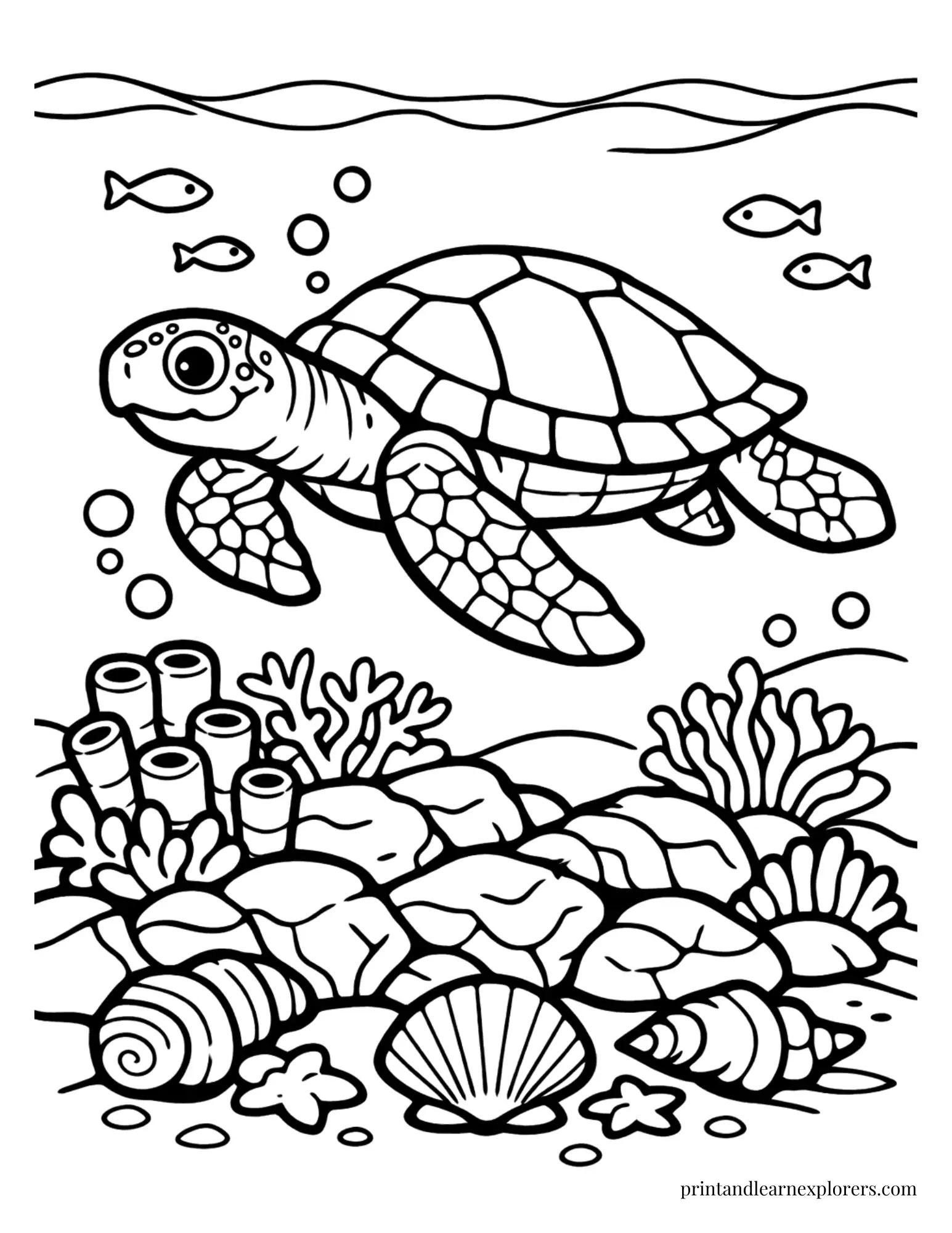 Sea Turtle Swimming Over Reef Coloring Page