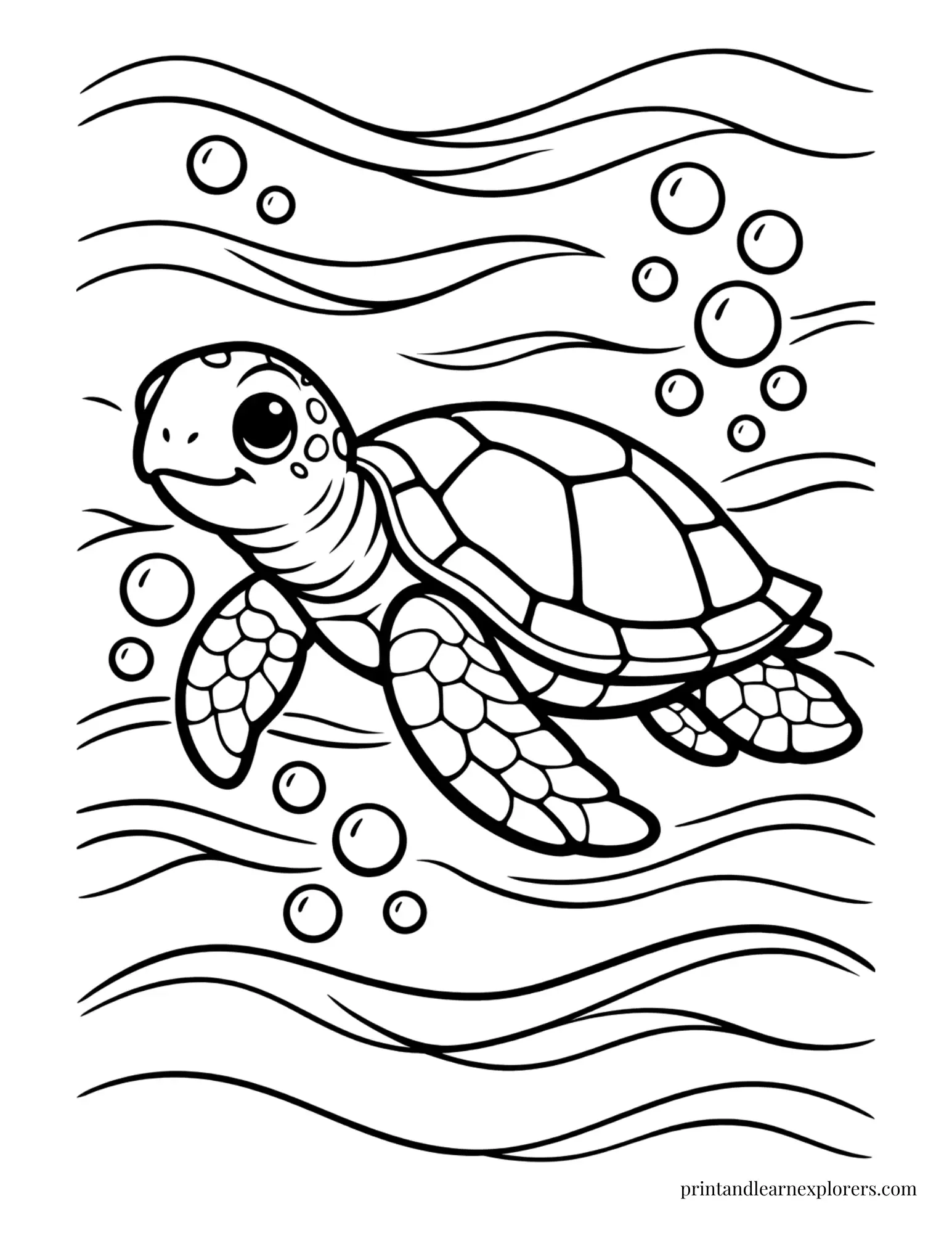Sea Turtle Swimming in the Currents Coloring Page