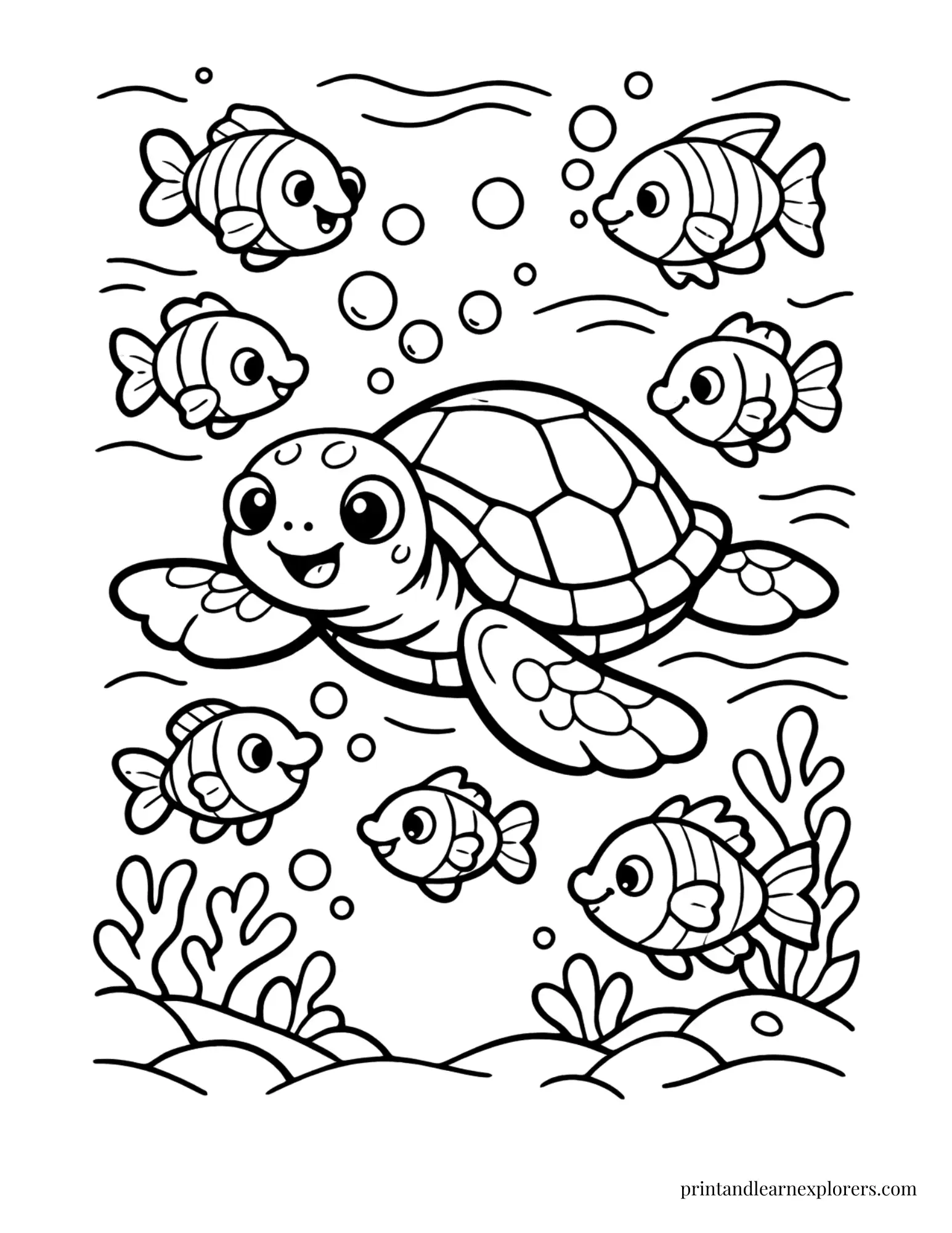 Sea Turtle Swimming with Fish Coloring Page