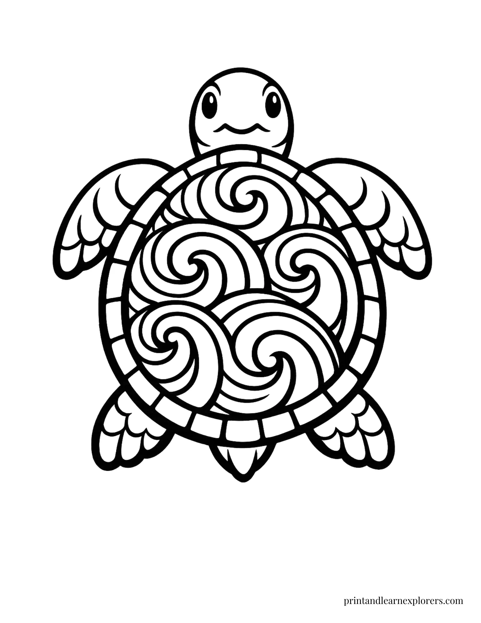 Sea Turtle Swirly Waves Pattern Coloring Page