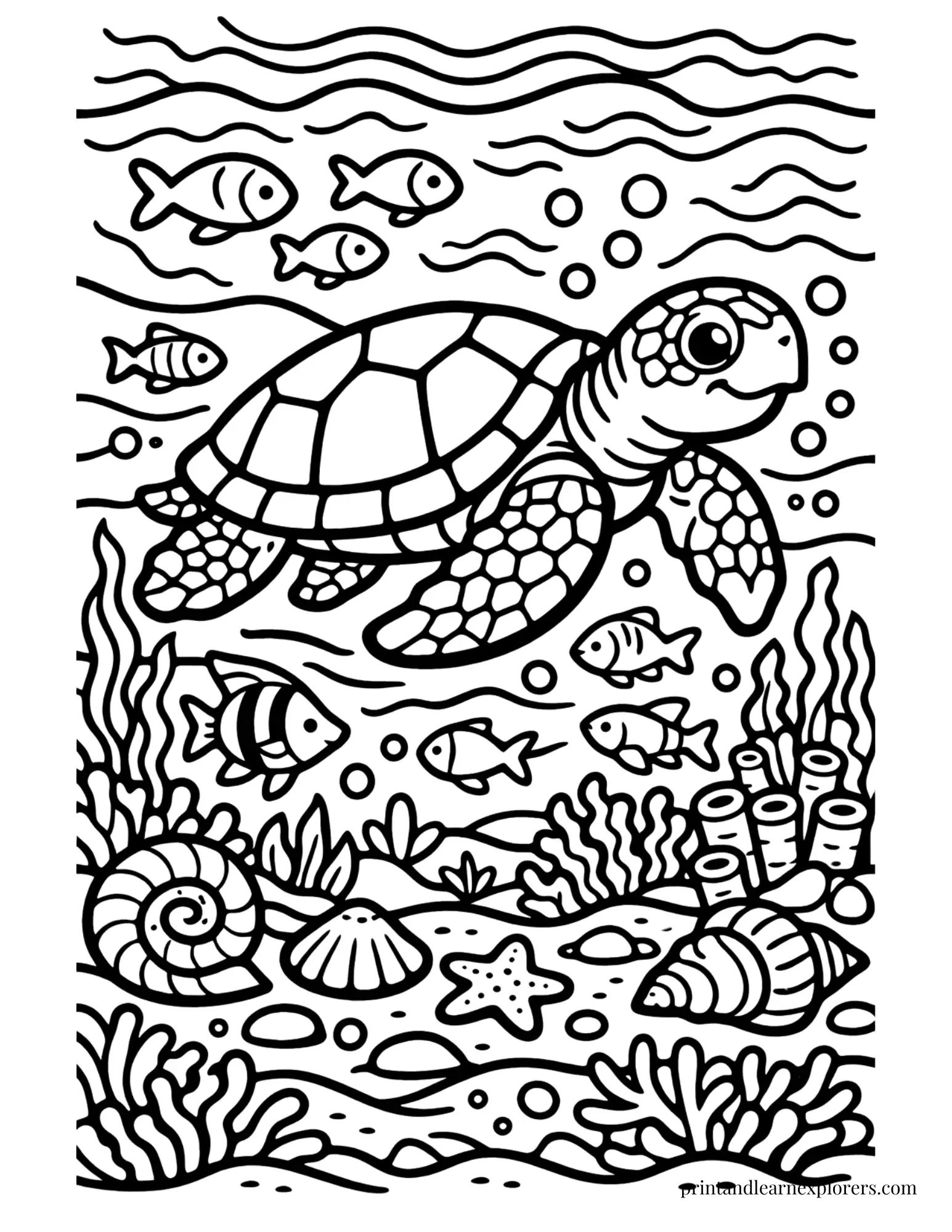 Sea Turtle Under the Sea Coloring Page