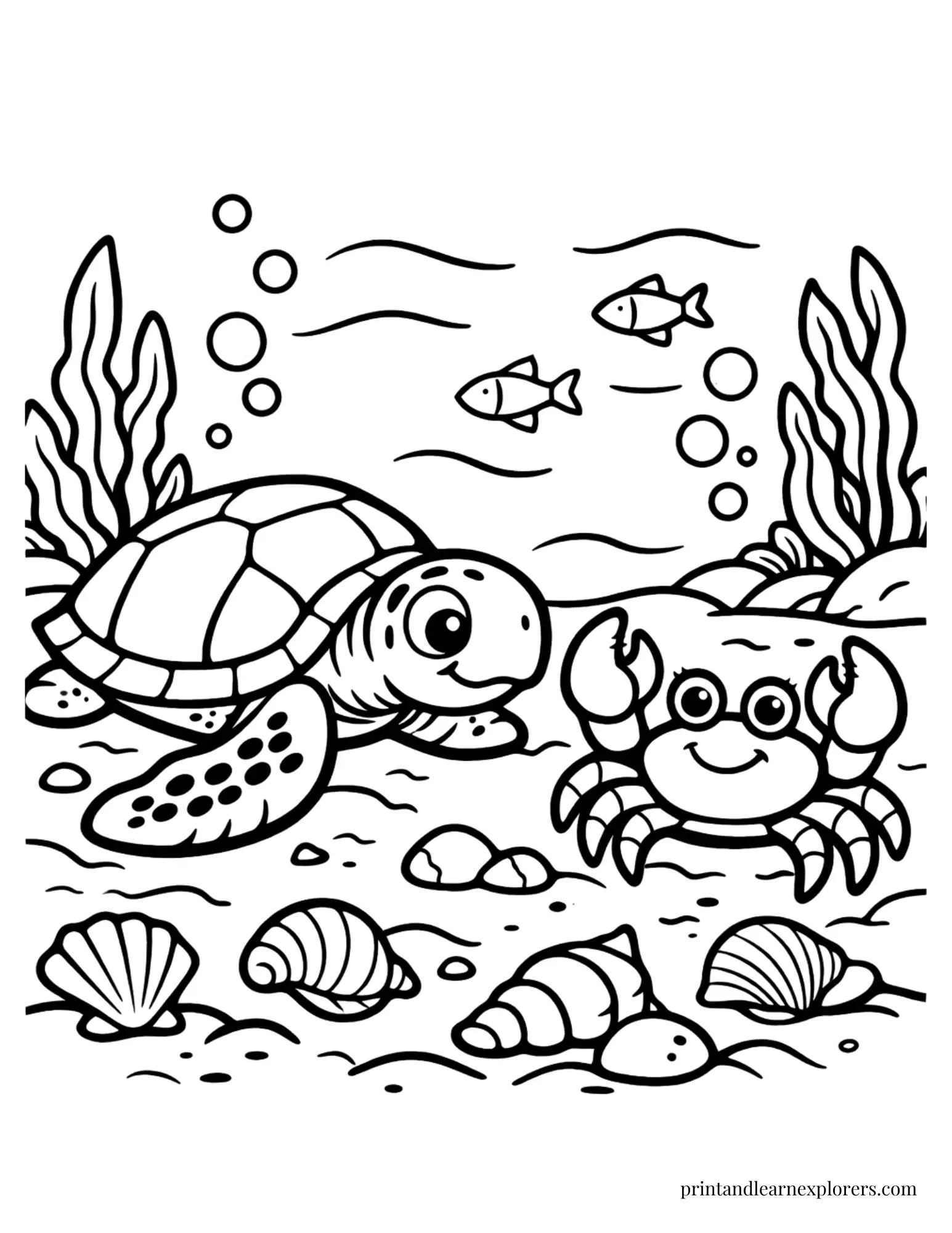 Sea Turtle and Crab Coloring Page