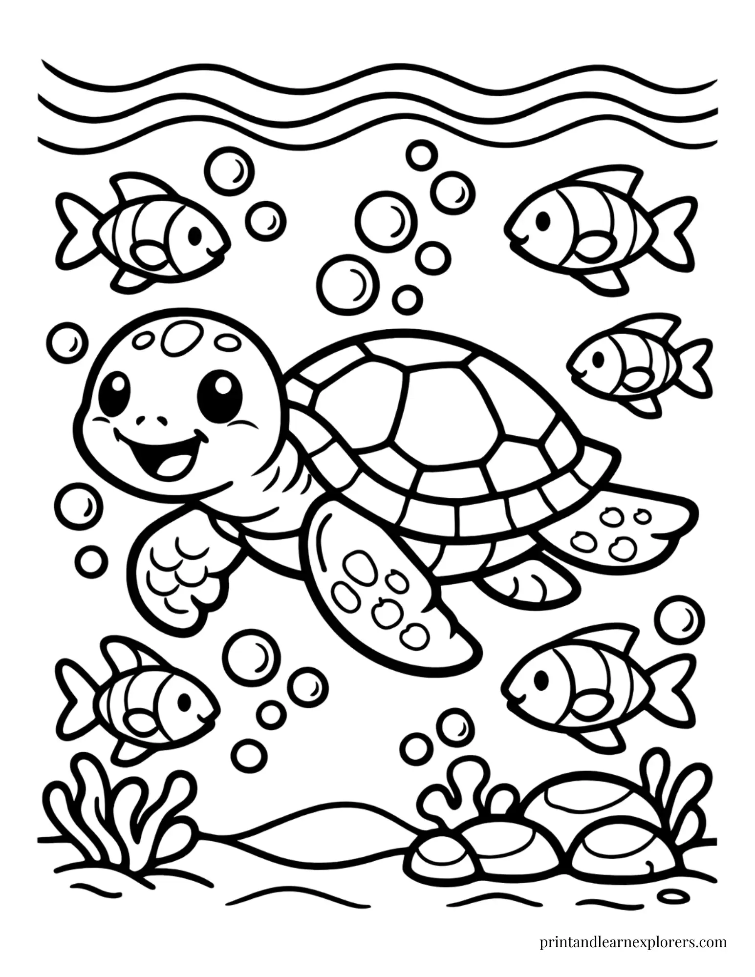 Sea Turtle and Fishes Coloring Page