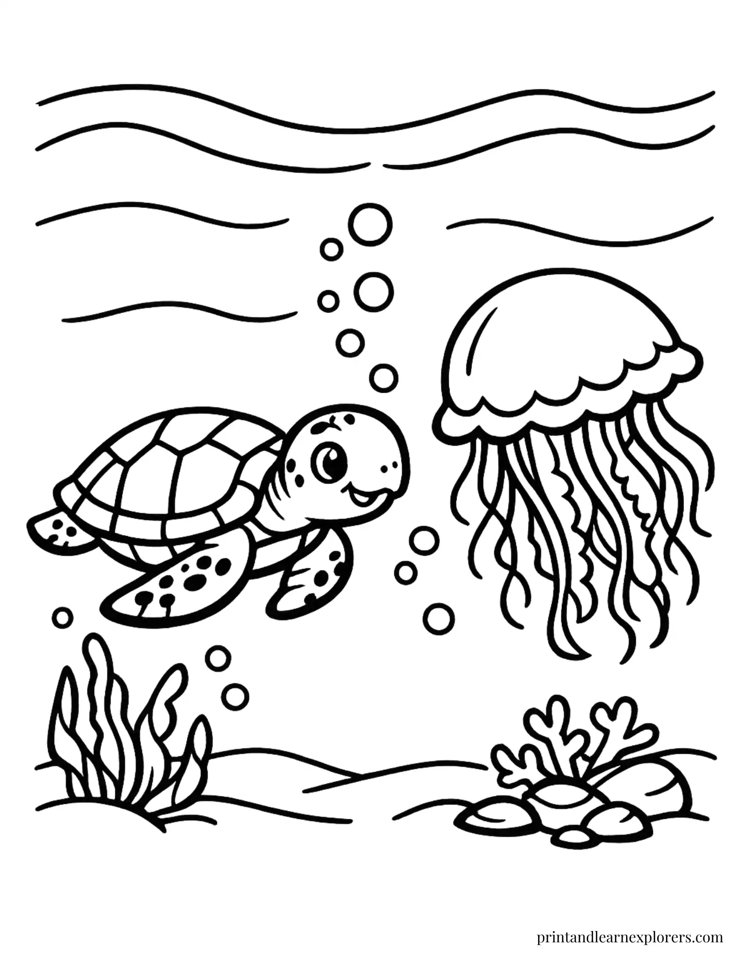 Sea Turtle and Jellyfish Coloring Page