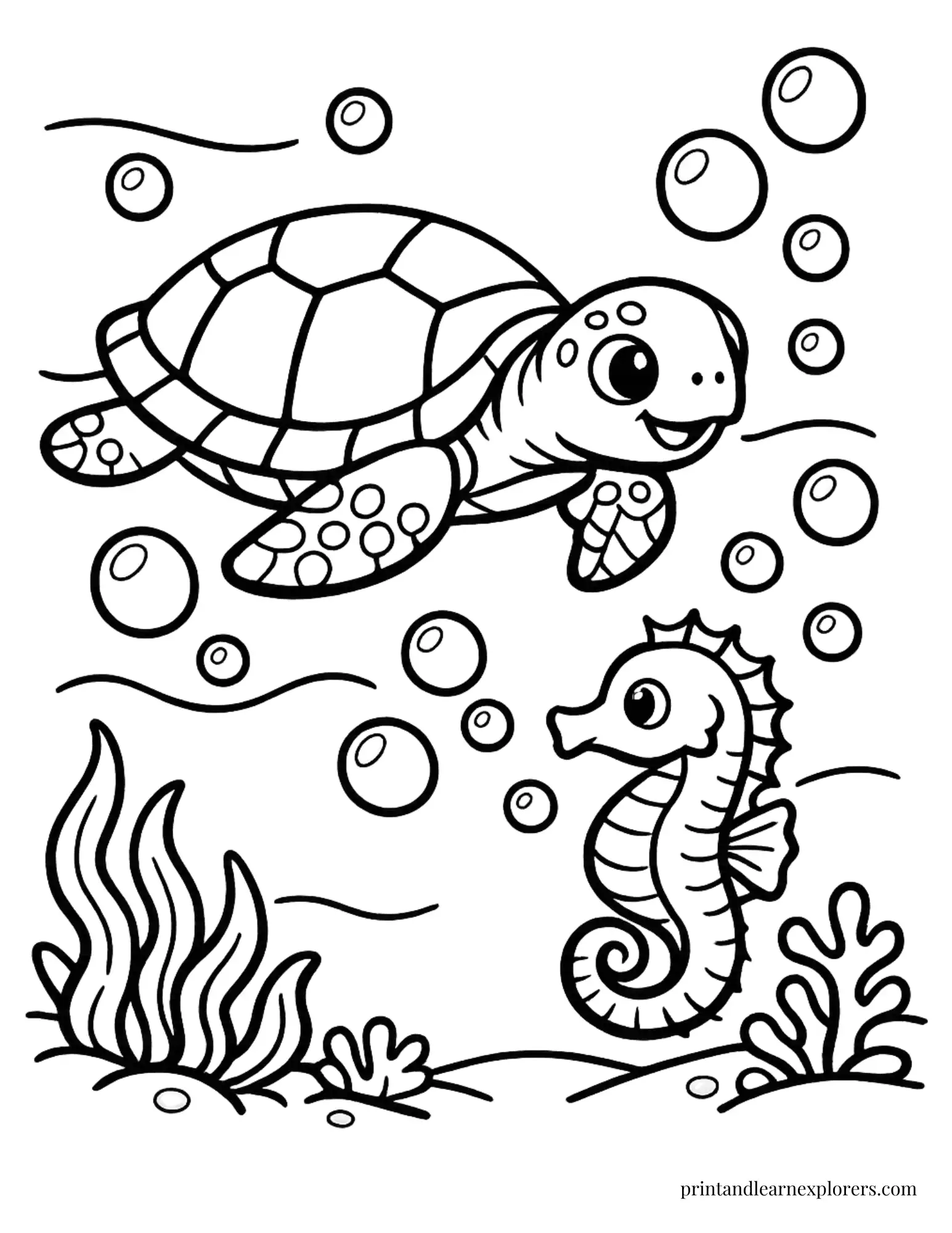 Sea Turtle and Seahorse Coloring Page
