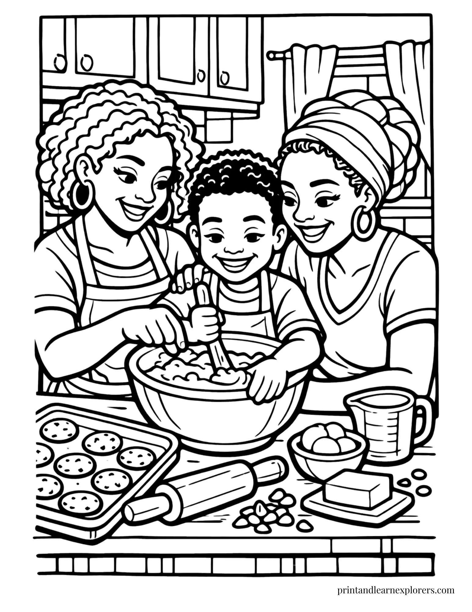 Two black moms baking with son coloring page
