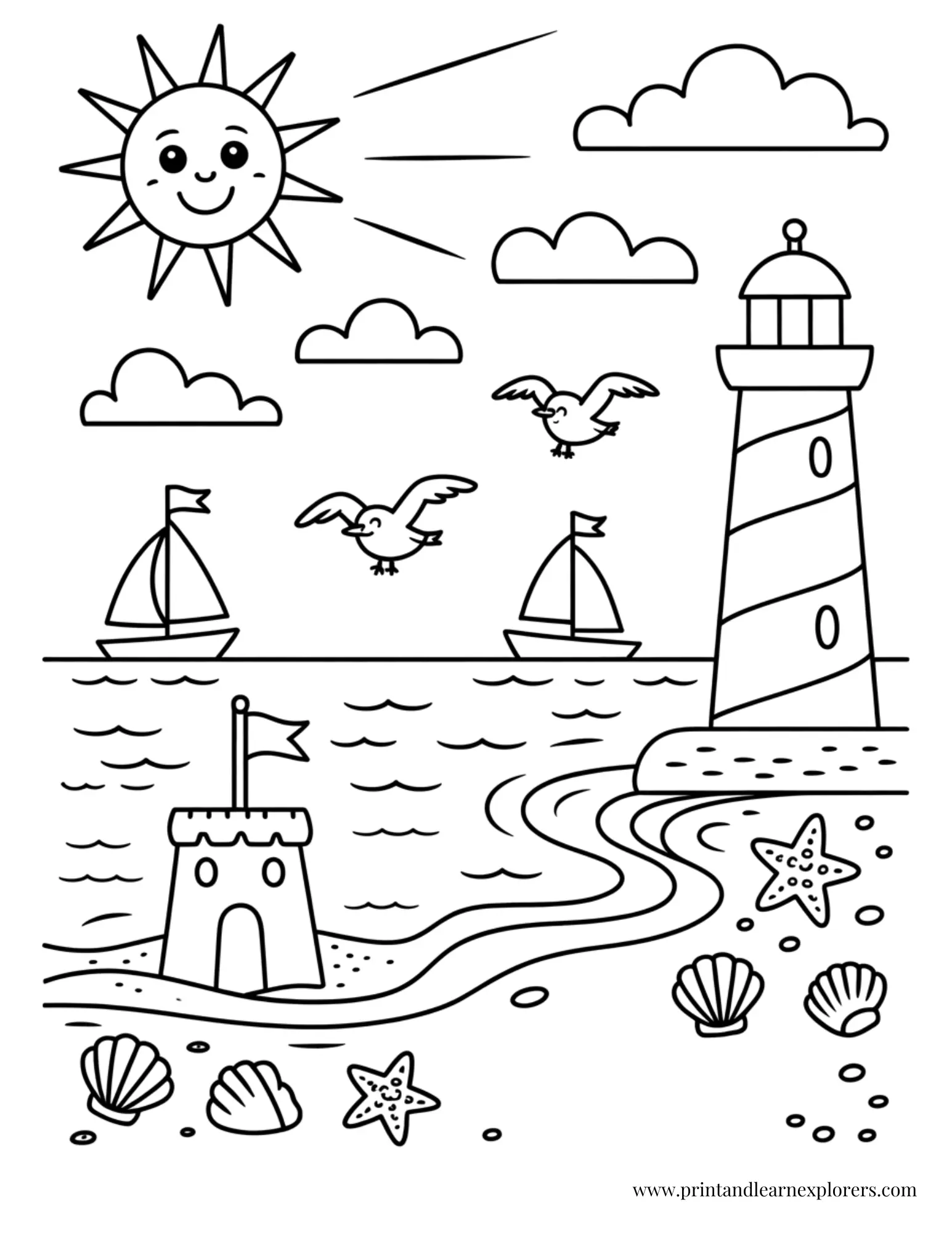 seaside coloring page with lighthouse