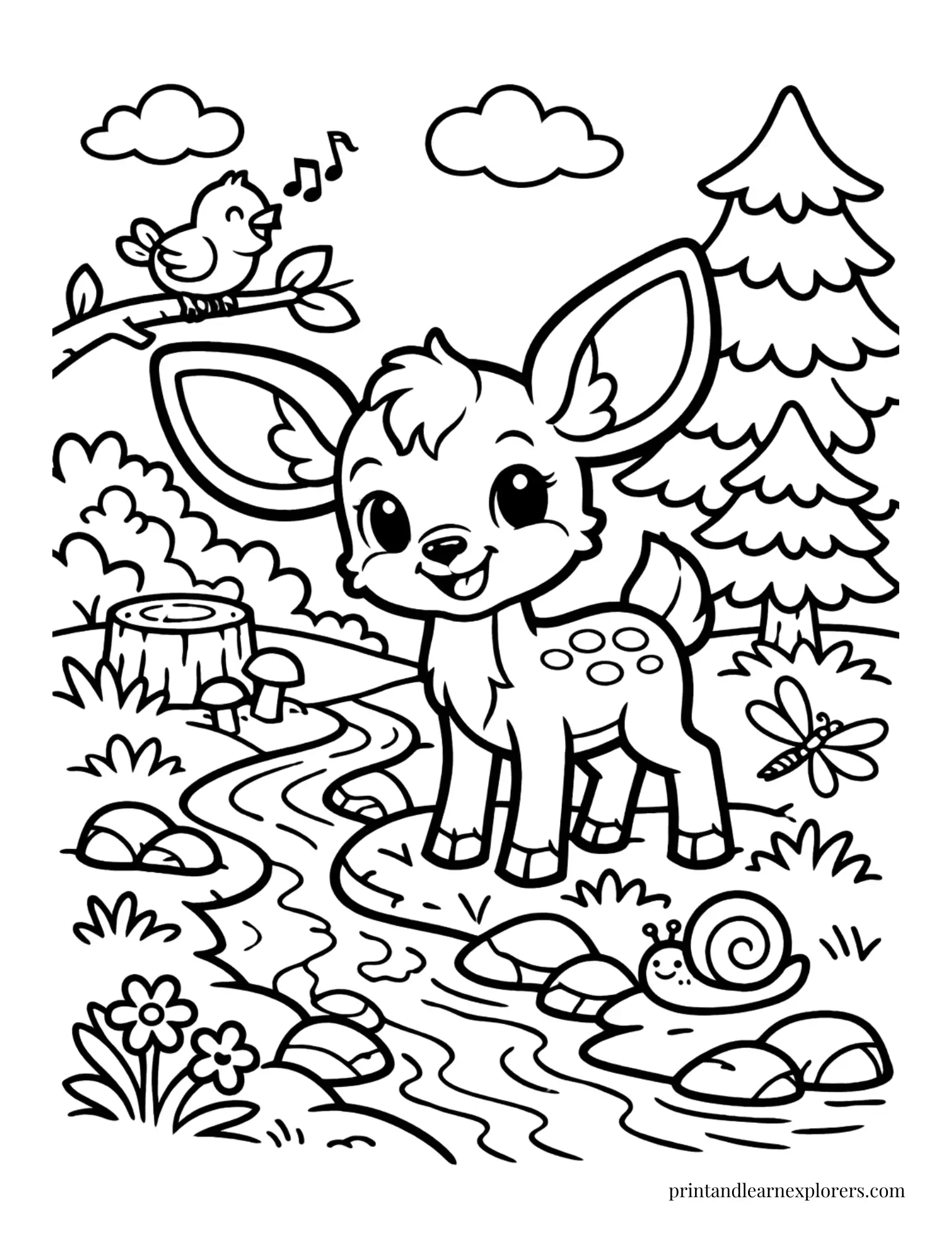 01 cheerful deer by stream coloring page