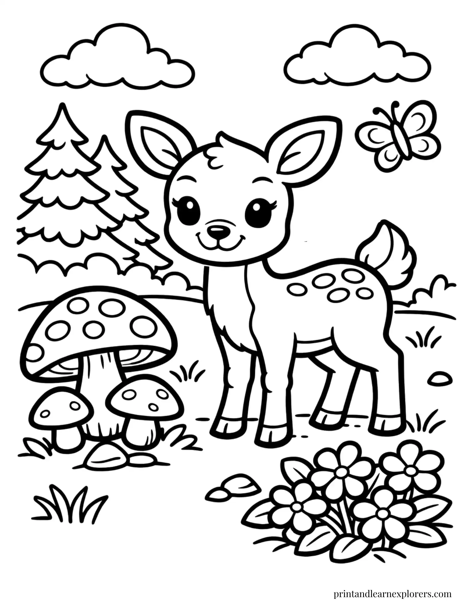 01 cute deer by mushrooms coloring page