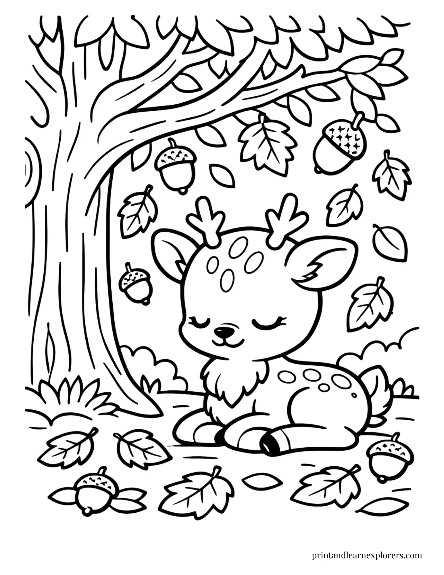 01 cute deer under tree coloring page