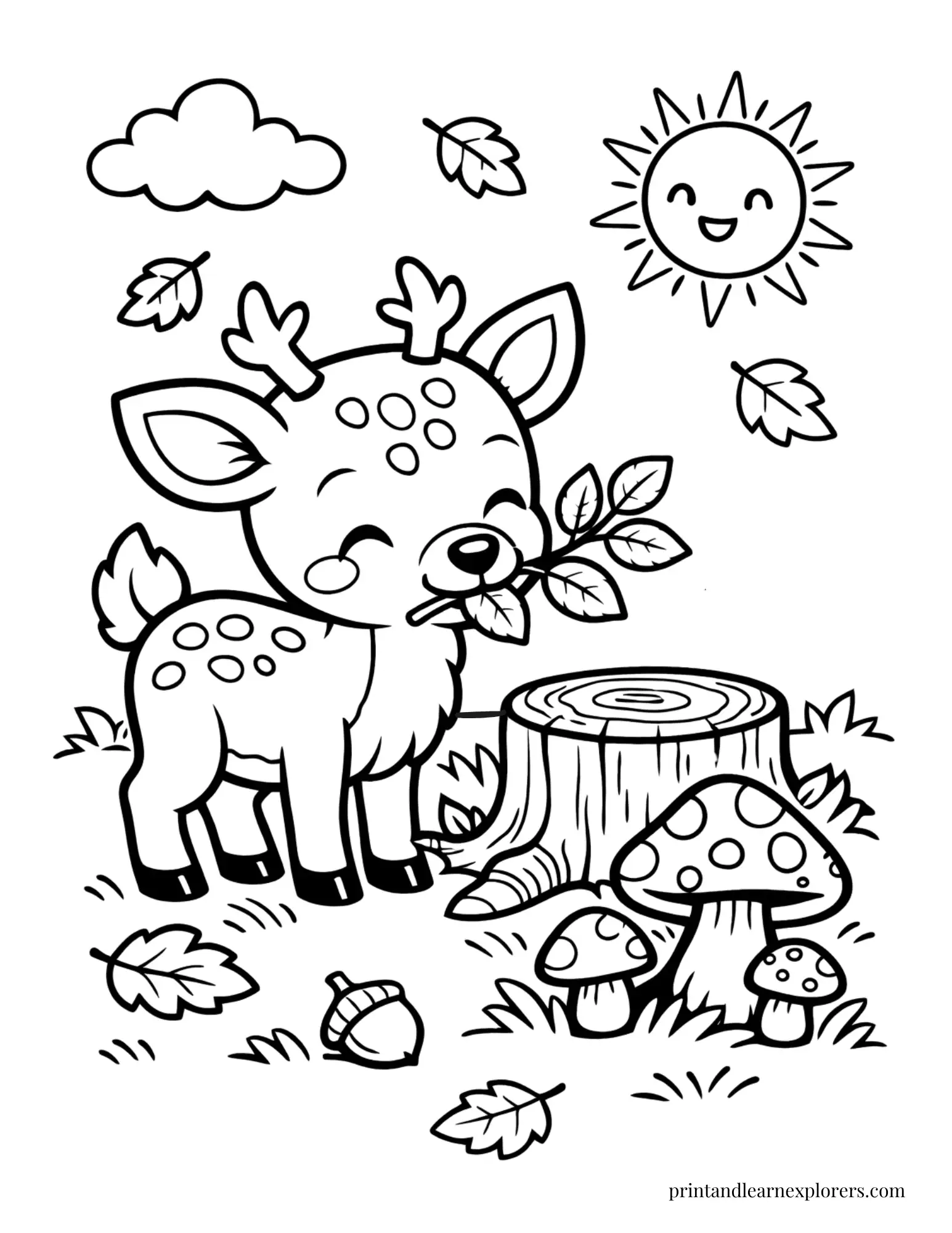 01 deer nibbling leaves coloring page