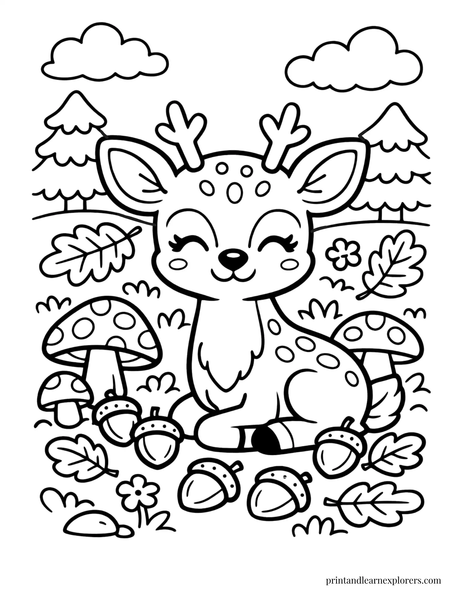01 deer with acorns and mushrooms coloring page