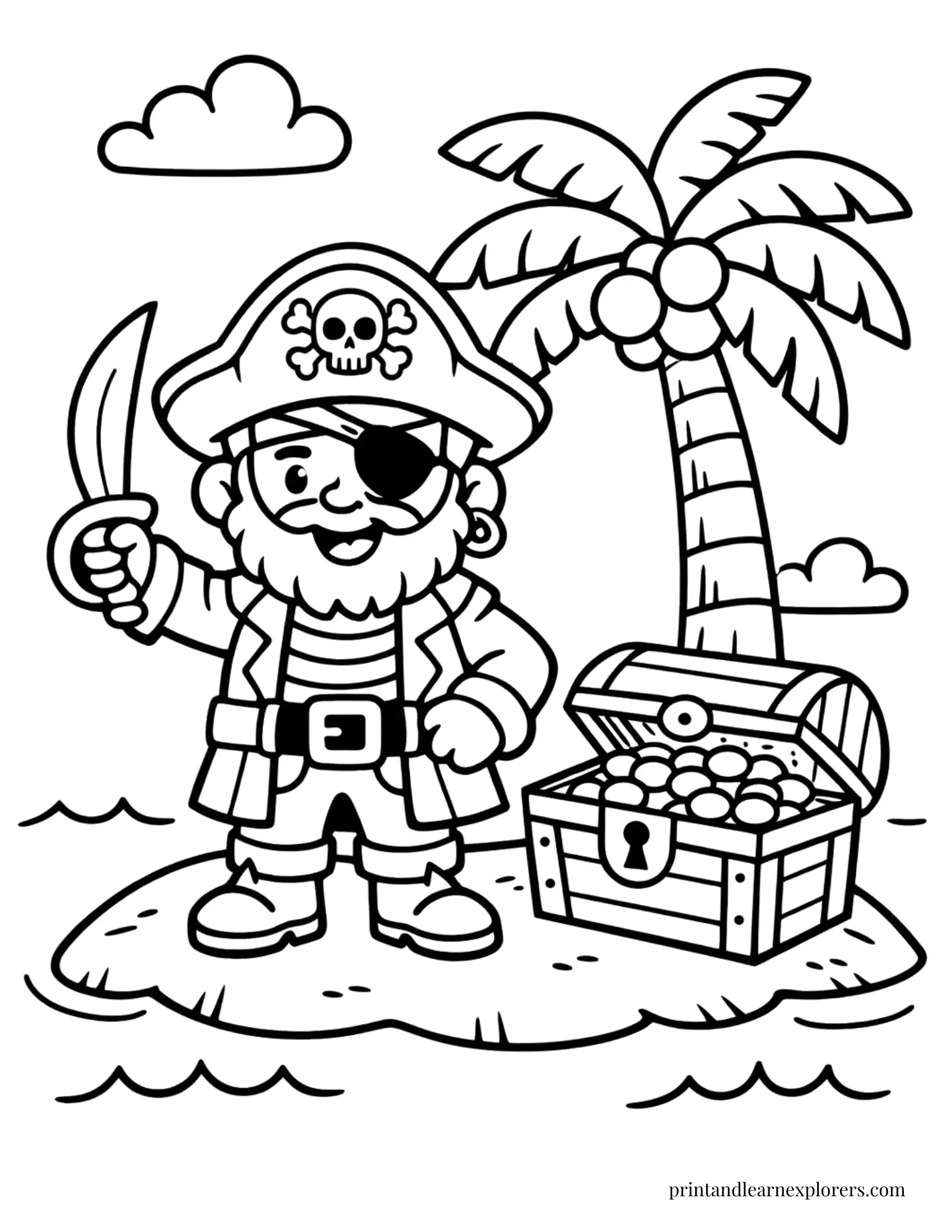 01 pirate with treasure chest coloring page