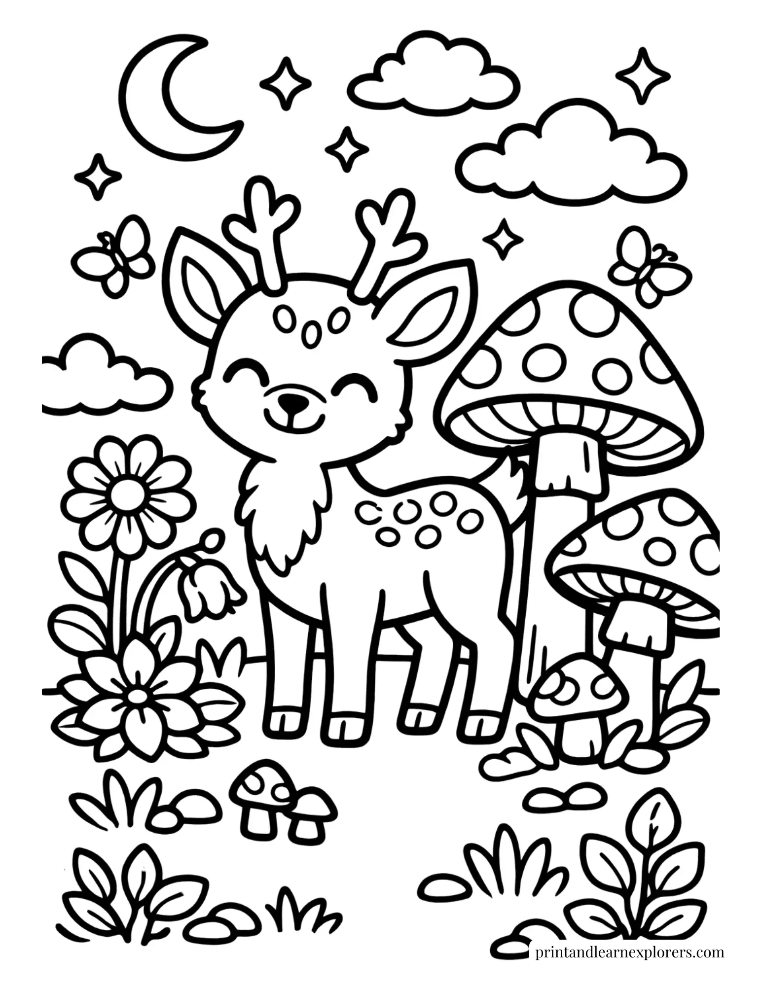 01 smiling deer in magical forest coloring page