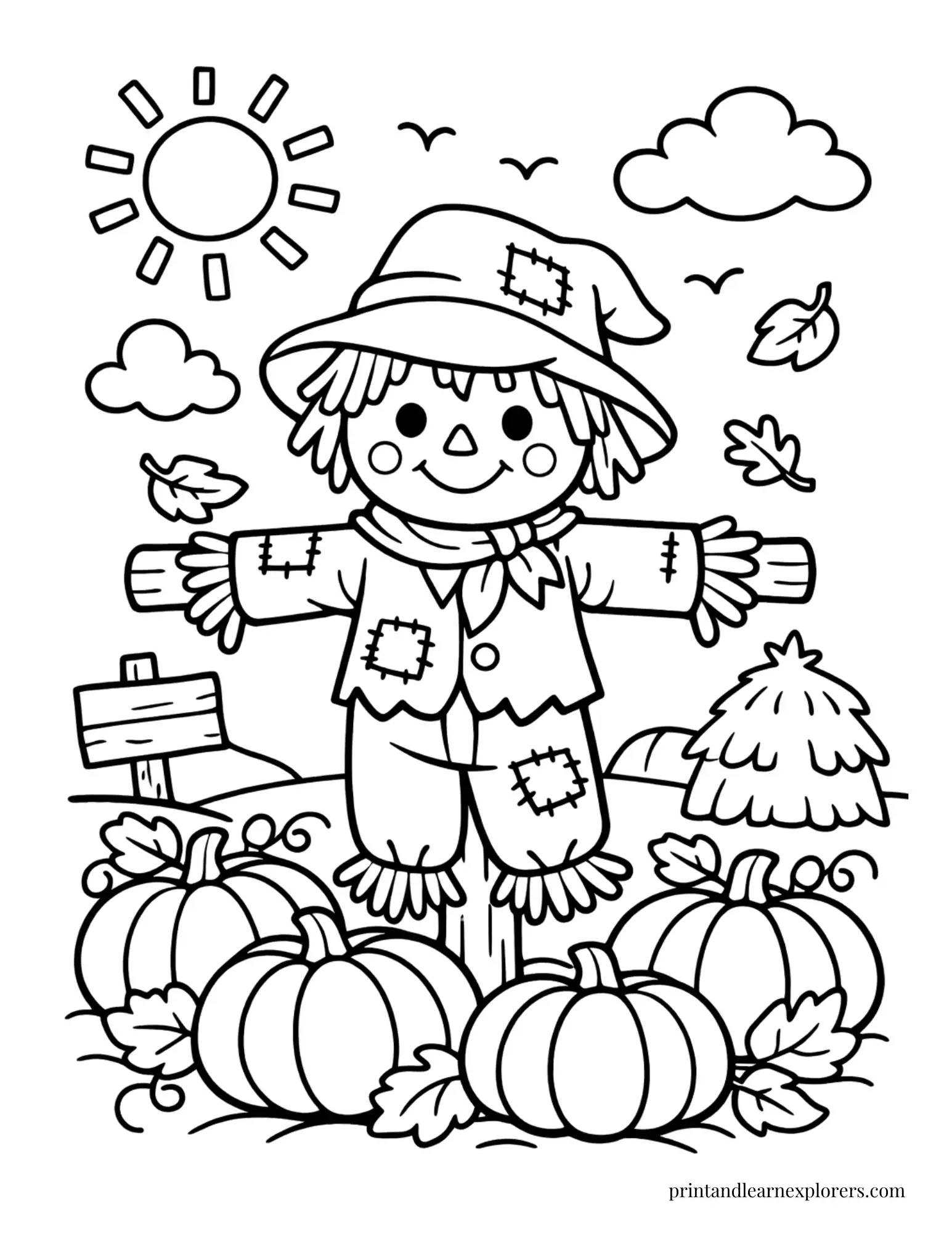 Cute scarecrow in pumpkin patch coloring page