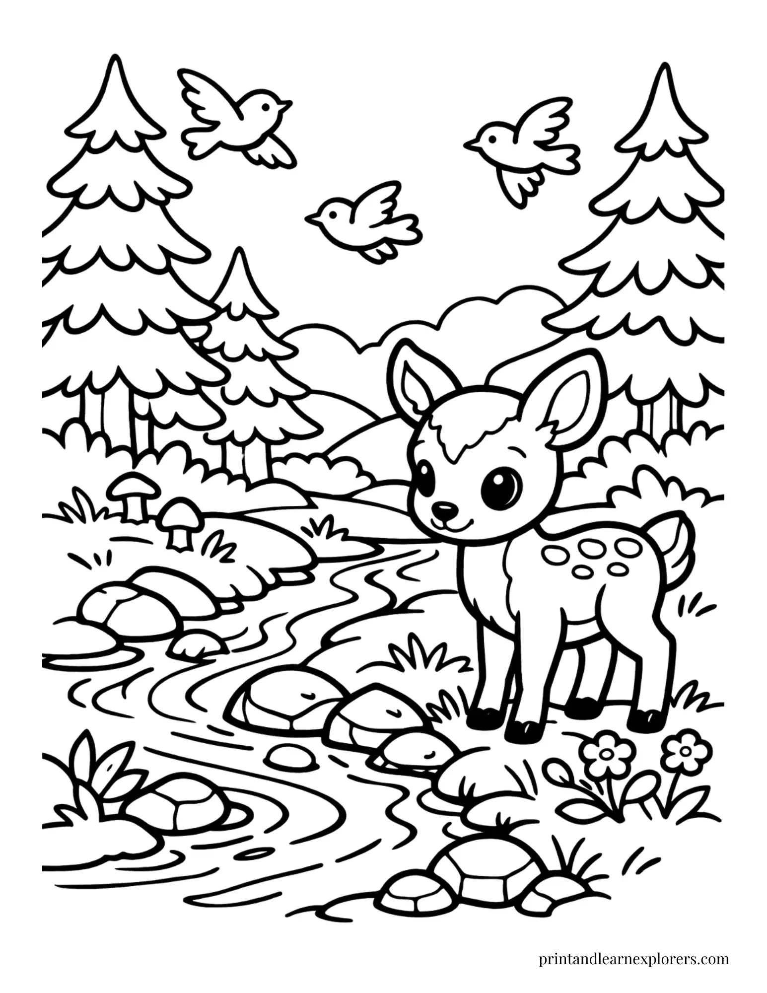 02 baby deer by stream coloring page