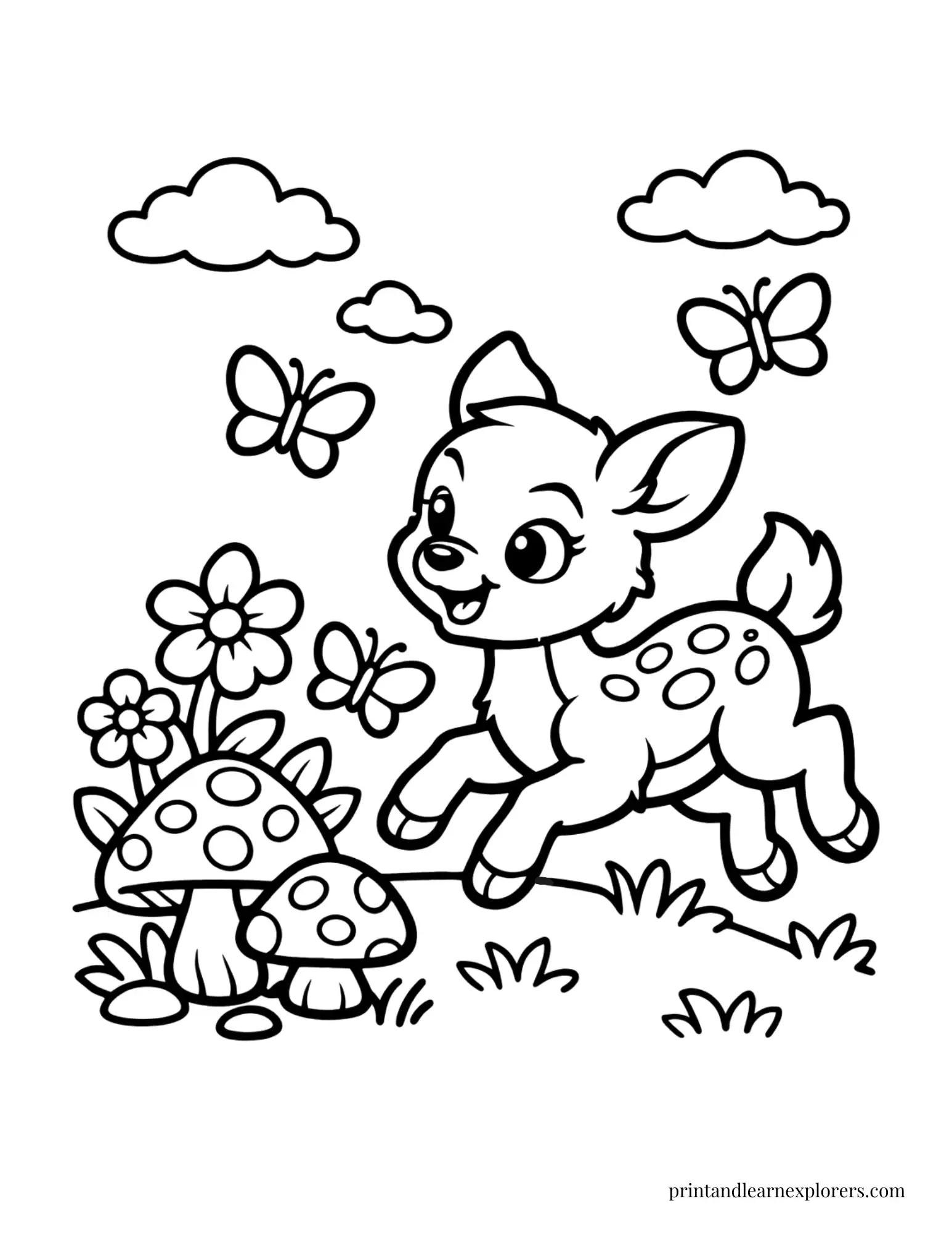 02 baby deer chasing butterflies coloring page