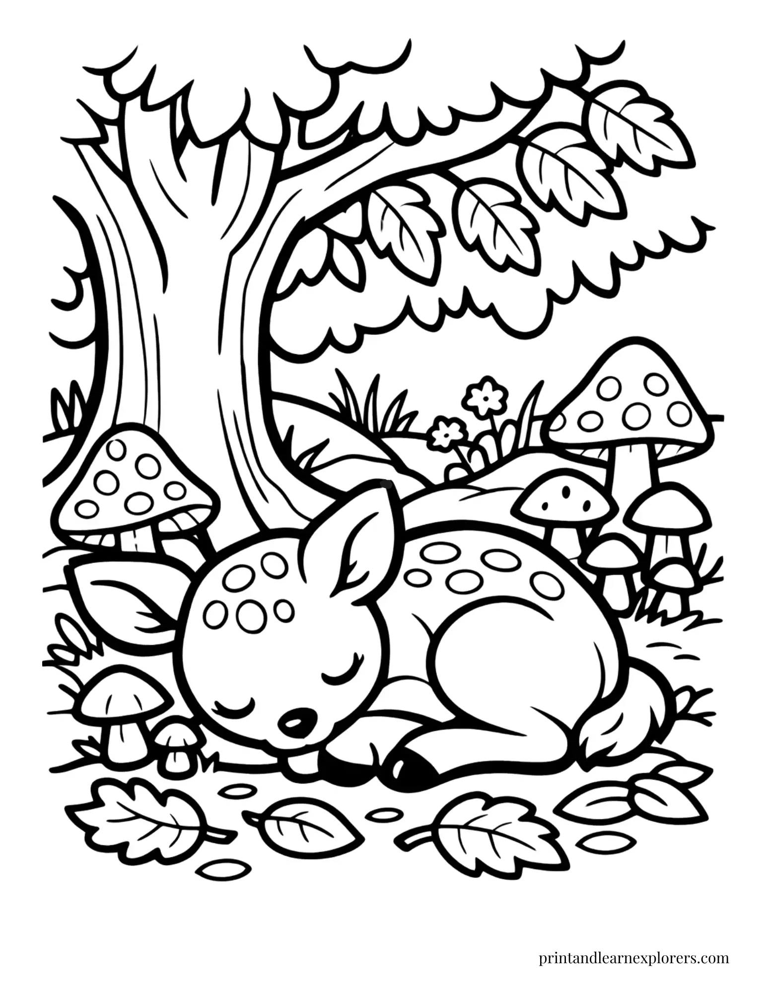 02 baby deer under tree coloring page