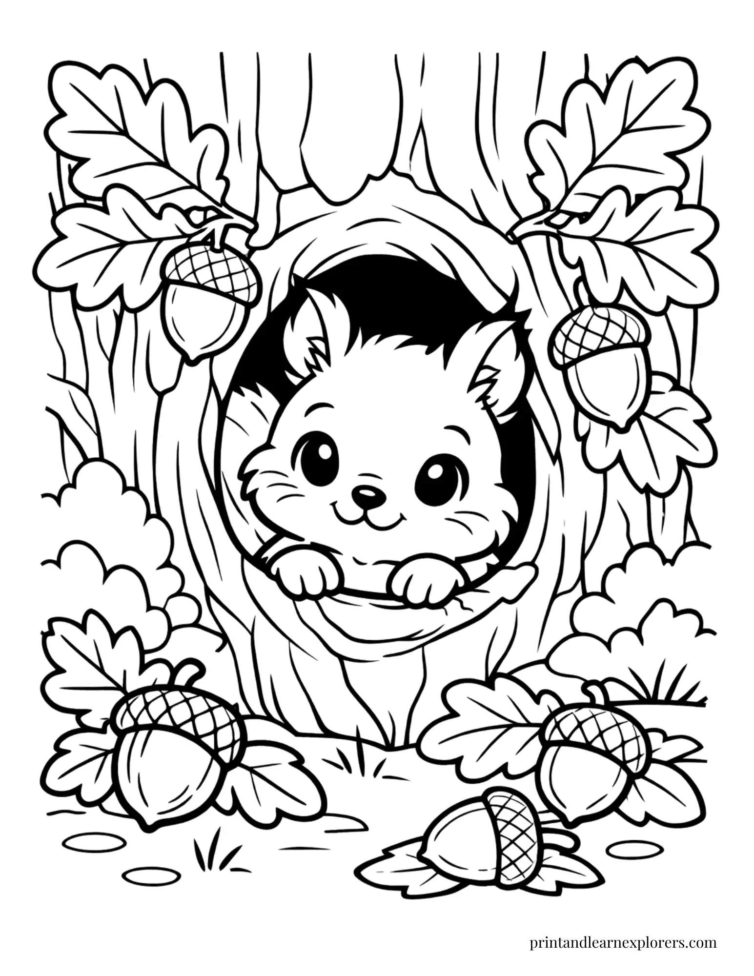 Baby squirrel holding a large acorn coloring page