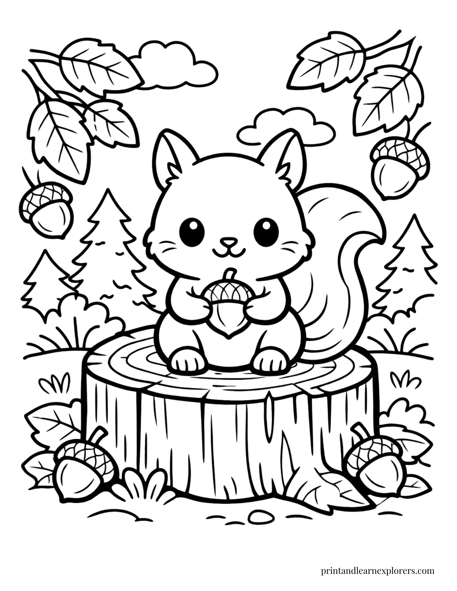 Cute squirrel sitting on a woodland tree stump coloring page