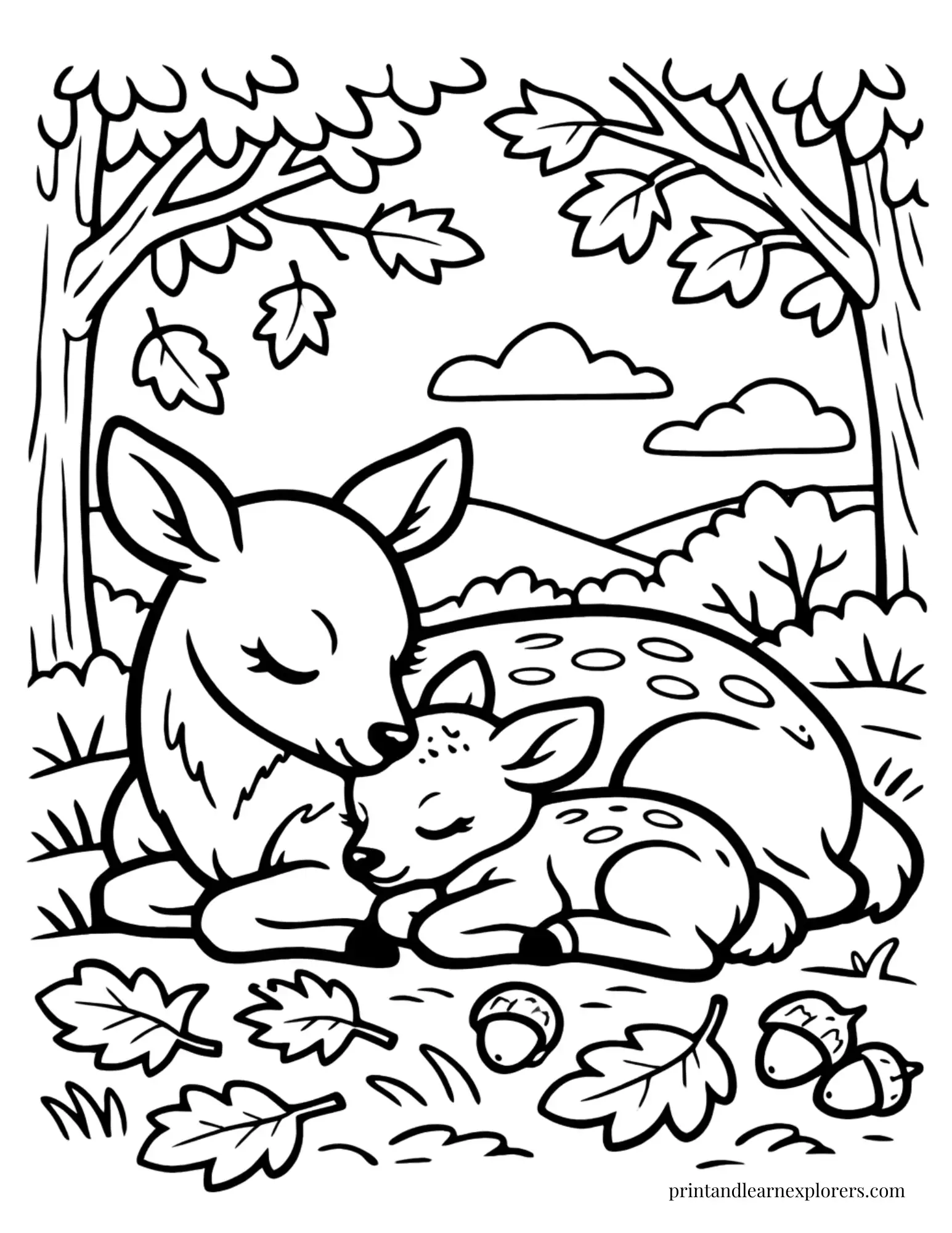 02 fawn snuggling mother deer coloring page