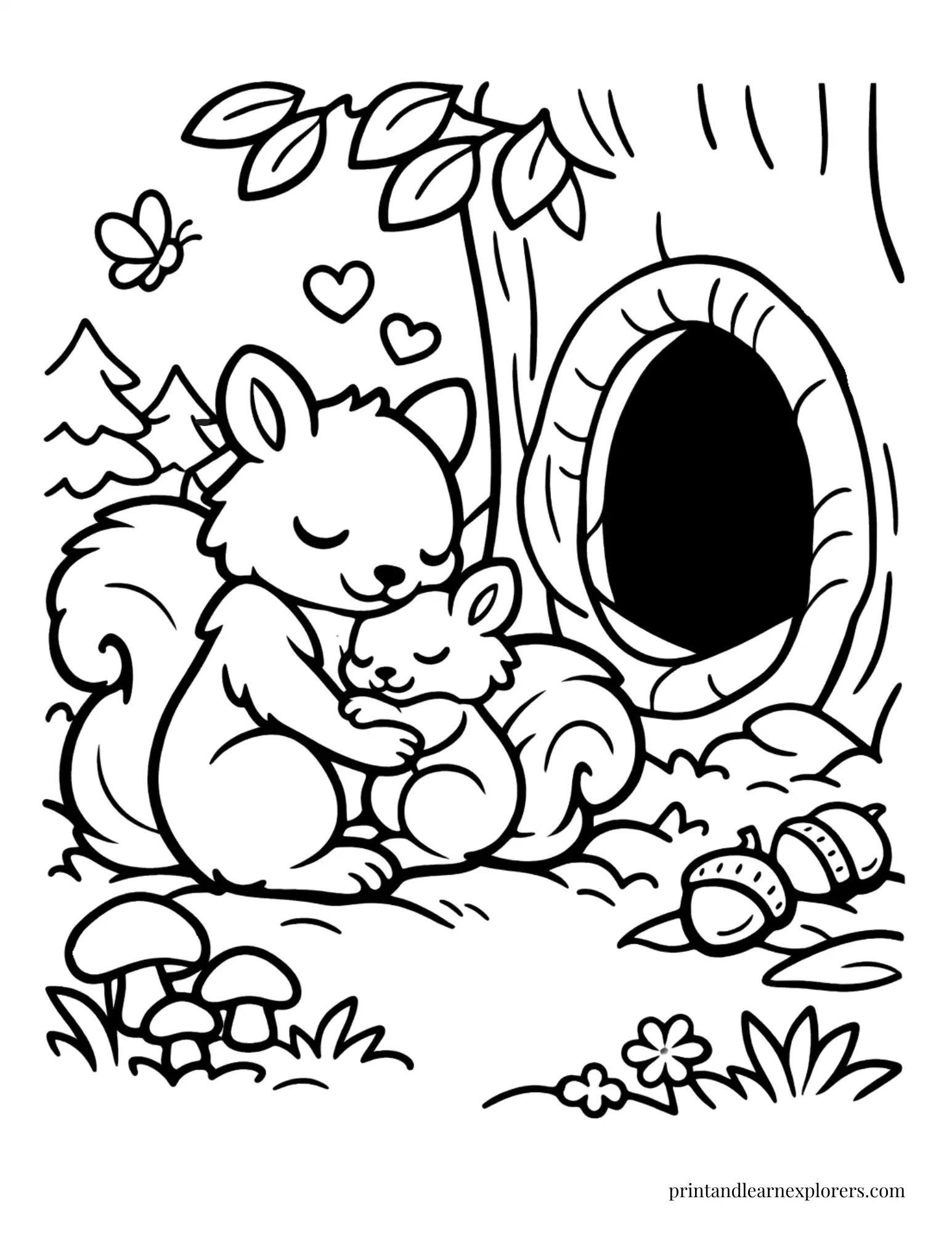 Mother squirrel cuddling a baby squirrel coloring page