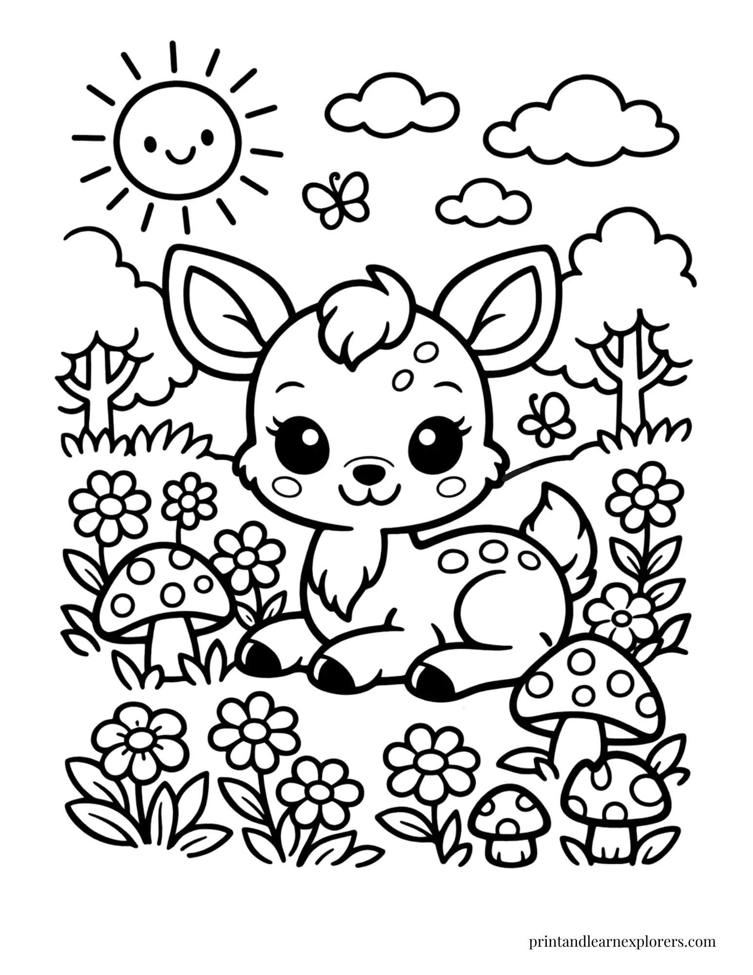 02 smiling baby deer in forest coloring page