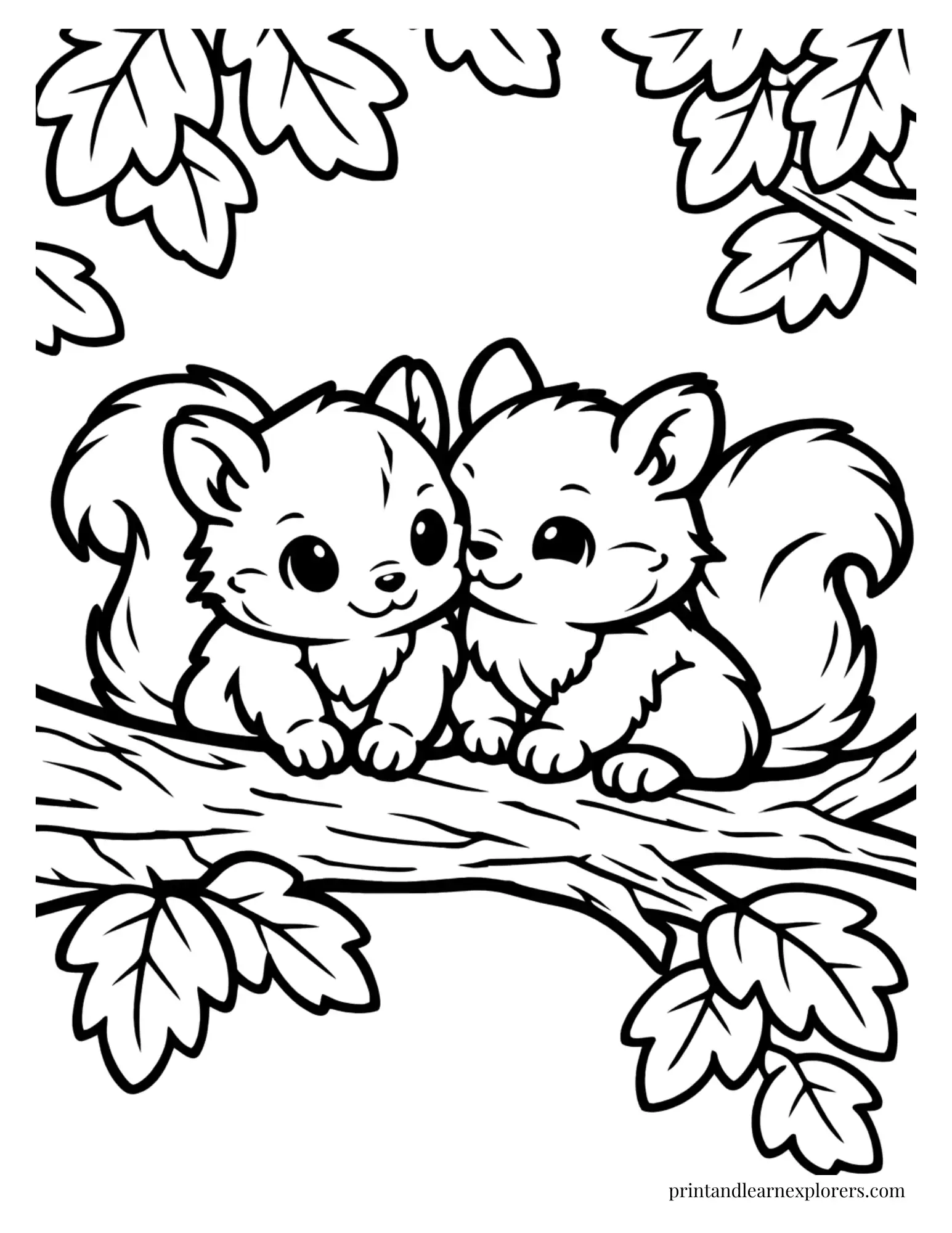 Two baby squirrels sitting together on a tree branch coloring page