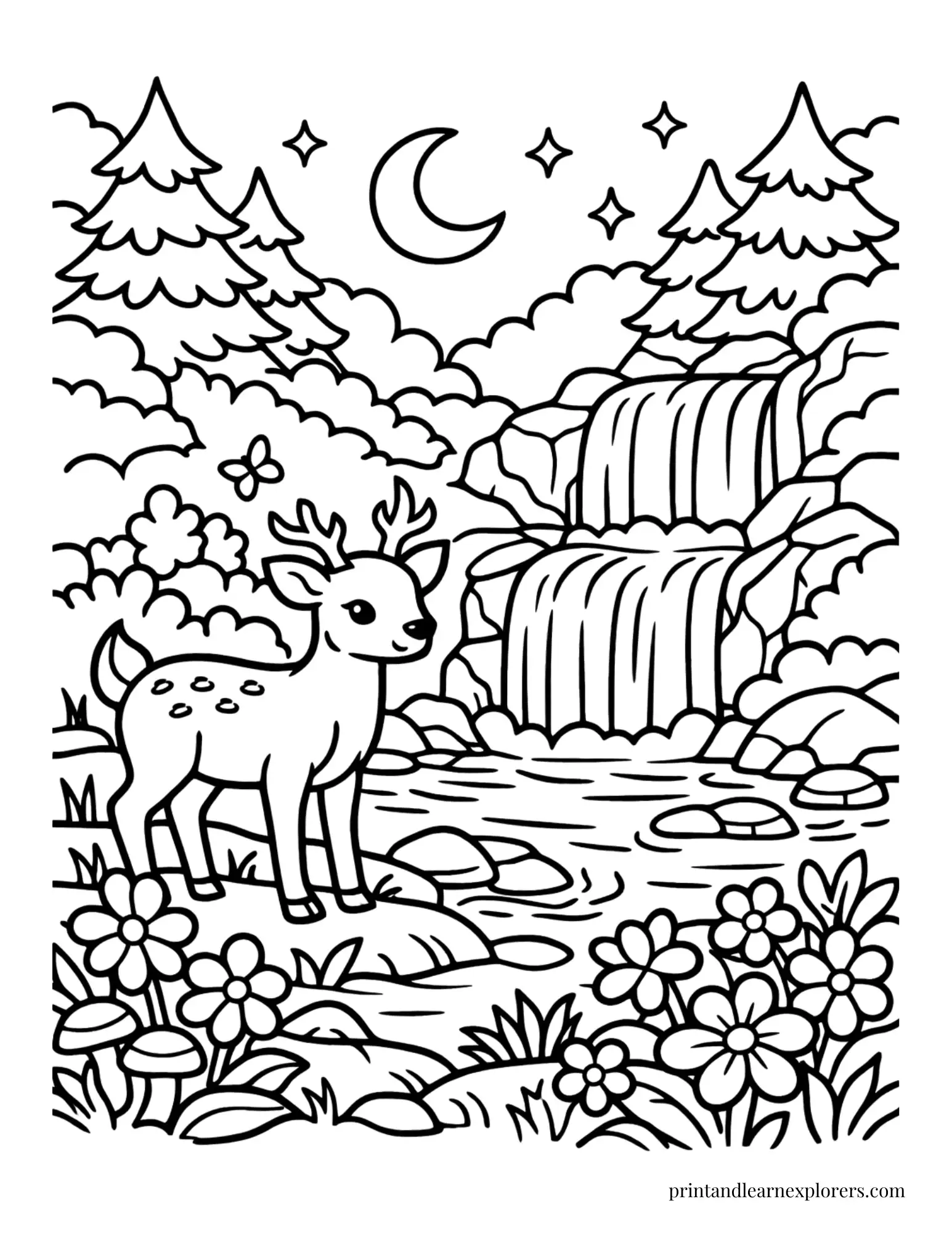 03 deer by waterfall coloring page