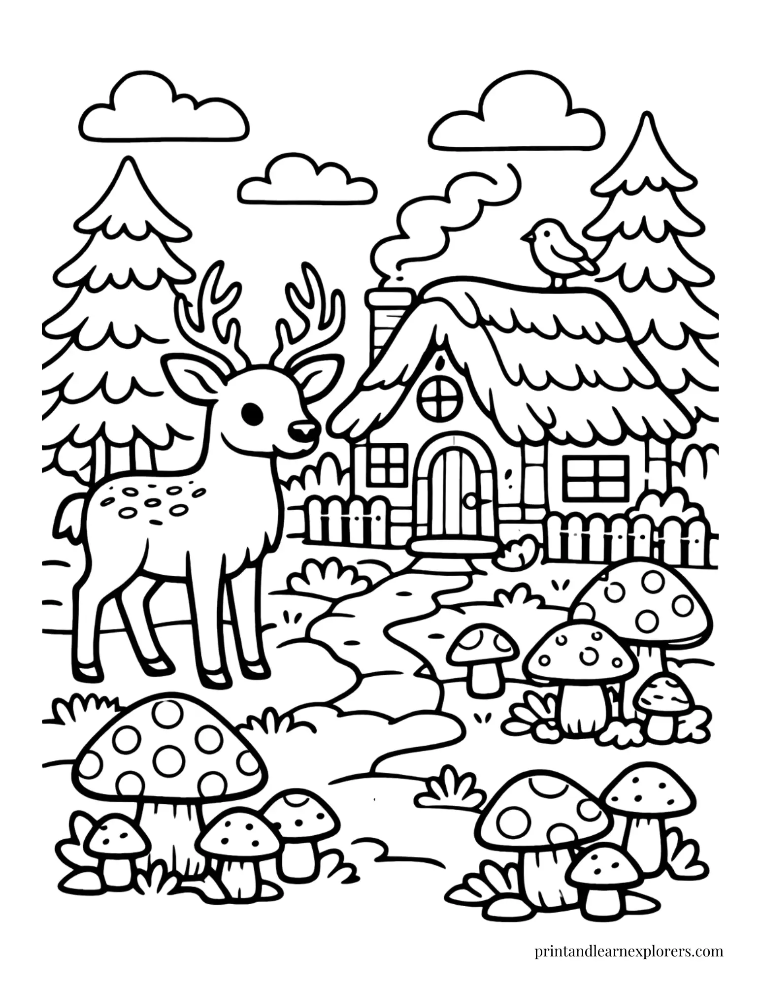 03 deer by woodland cottage coloring page
