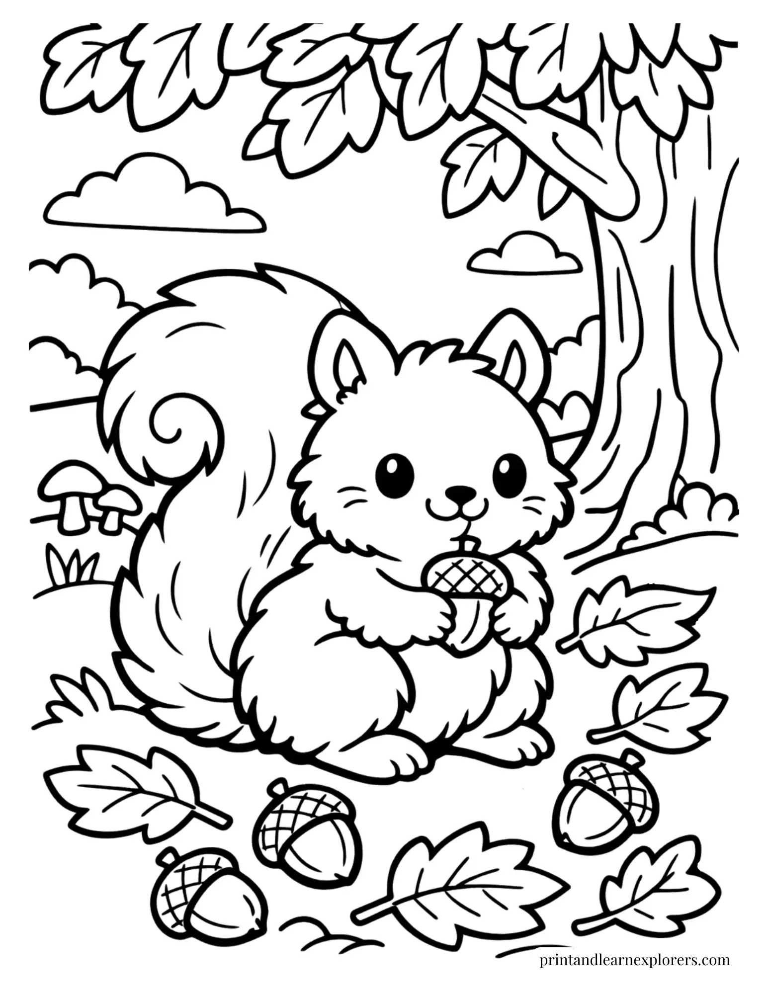 Fluffy squirrel sitting beneath a woodland tree coloring page