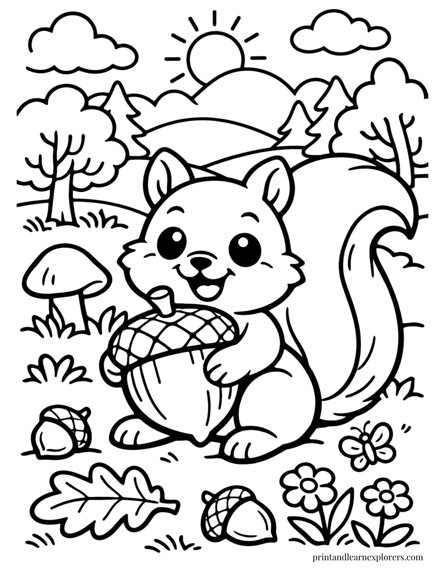 Happy squirrel holding an acorn in a woodland forest coloring page