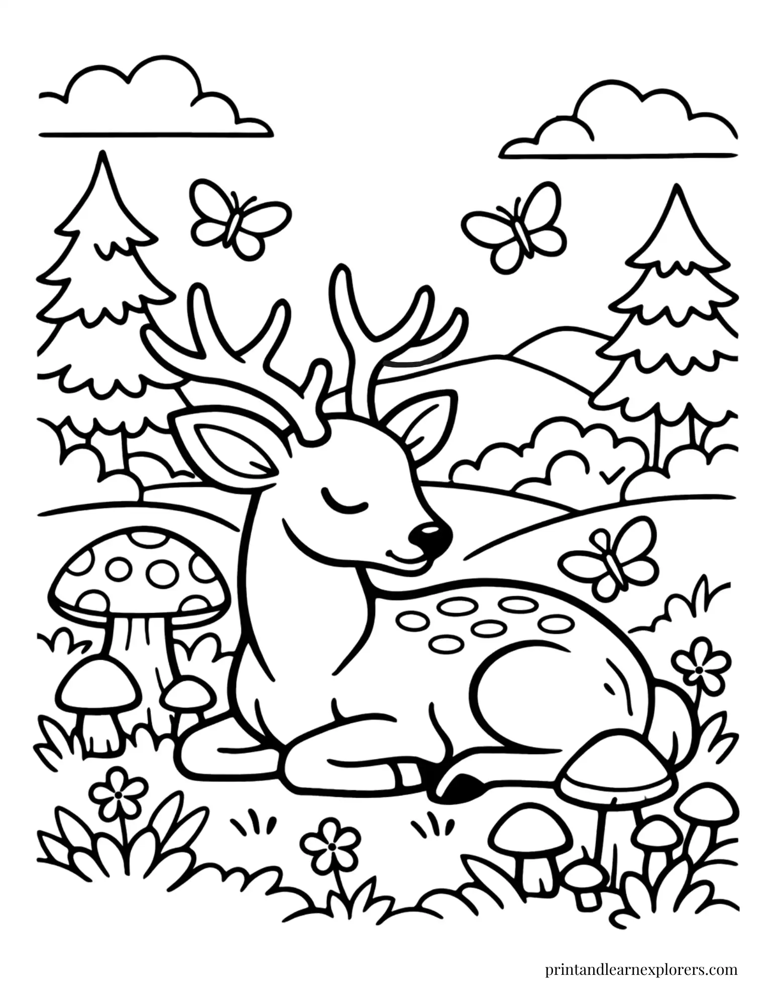 03 resting deer in meadow coloring page