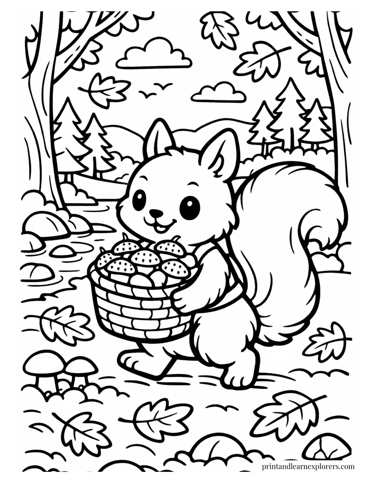 Squirrel carrying a basket of acorns coloring page