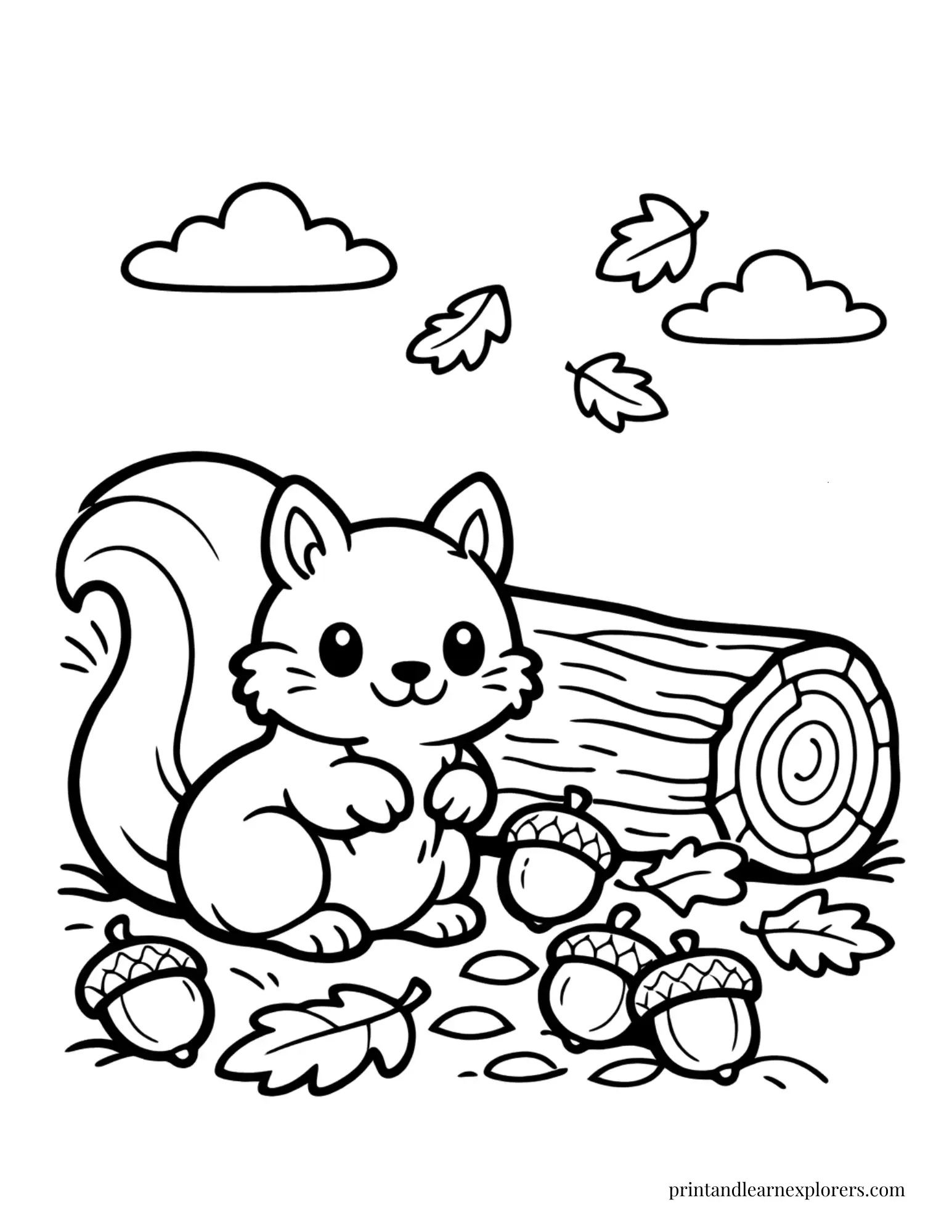 Playful squirrel sitting beside a woodland log coloring page
