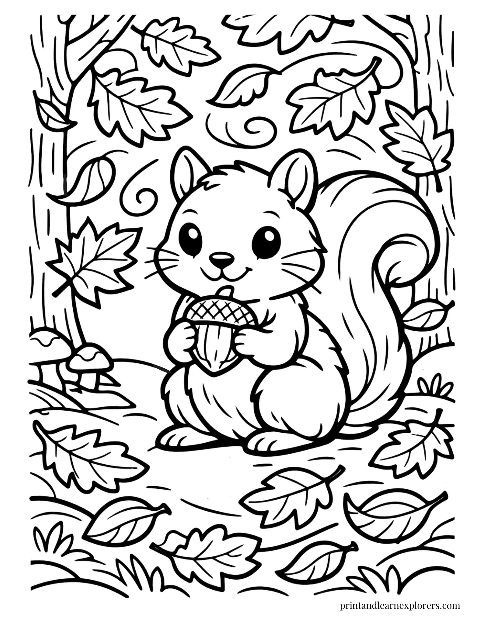 Squirrel surrounded by autumn leaves and acorns coloring page