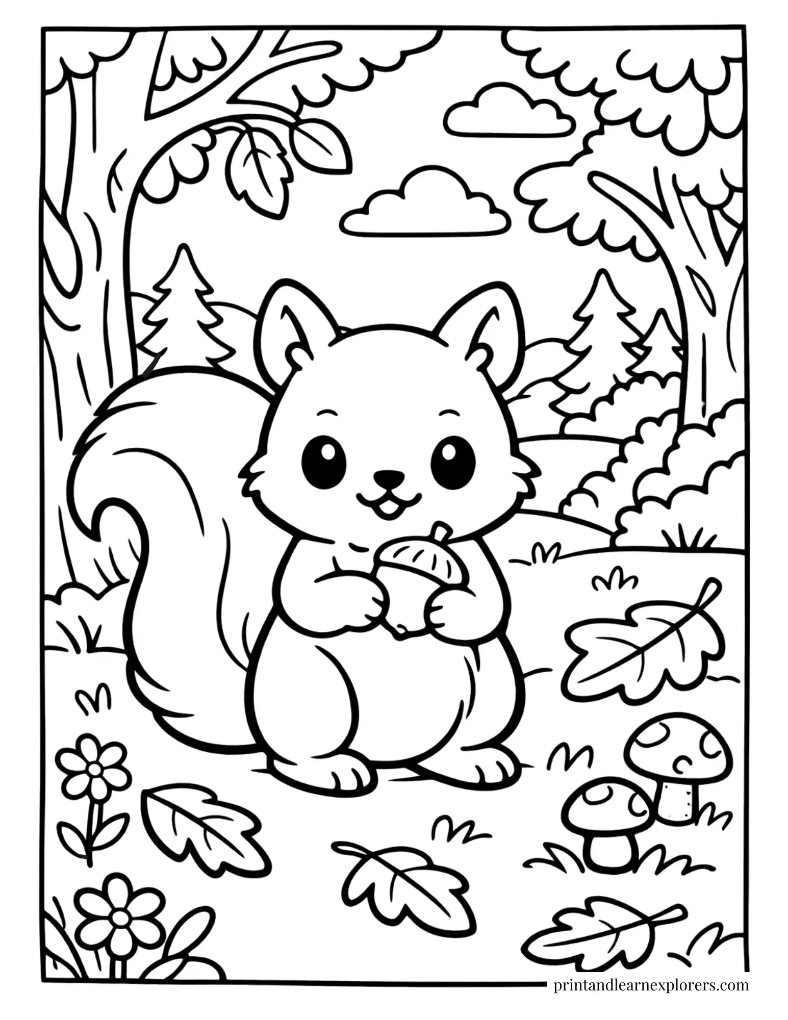 Cute squirrel standing in a forest clearing holding an acorn coloring page