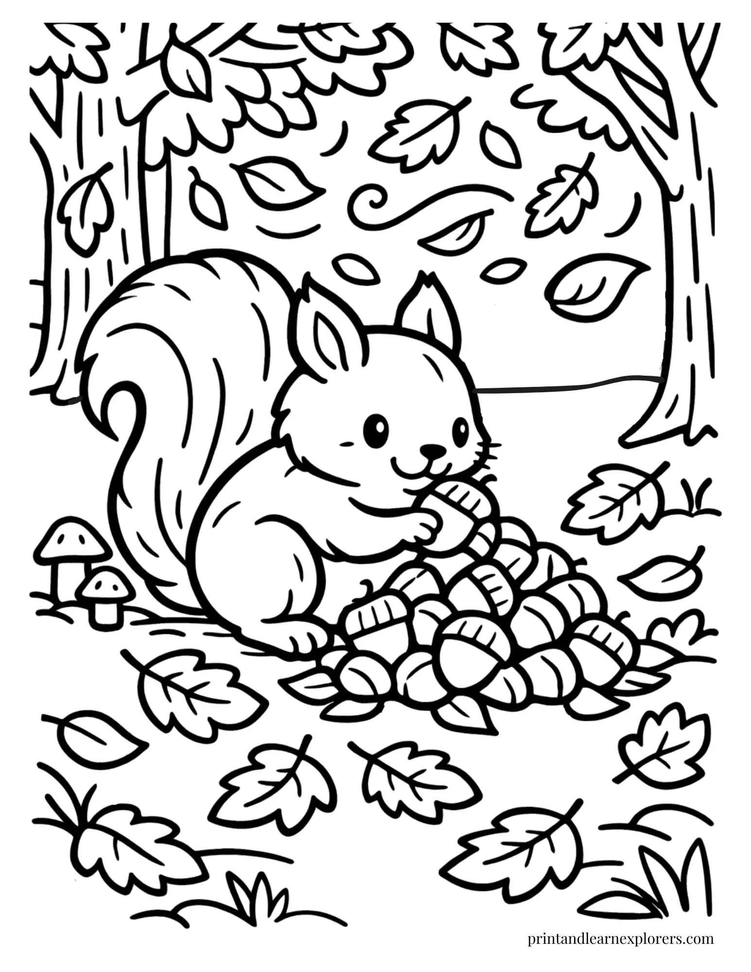 Squirrel holding a large acorn in a woodland forest coloring page