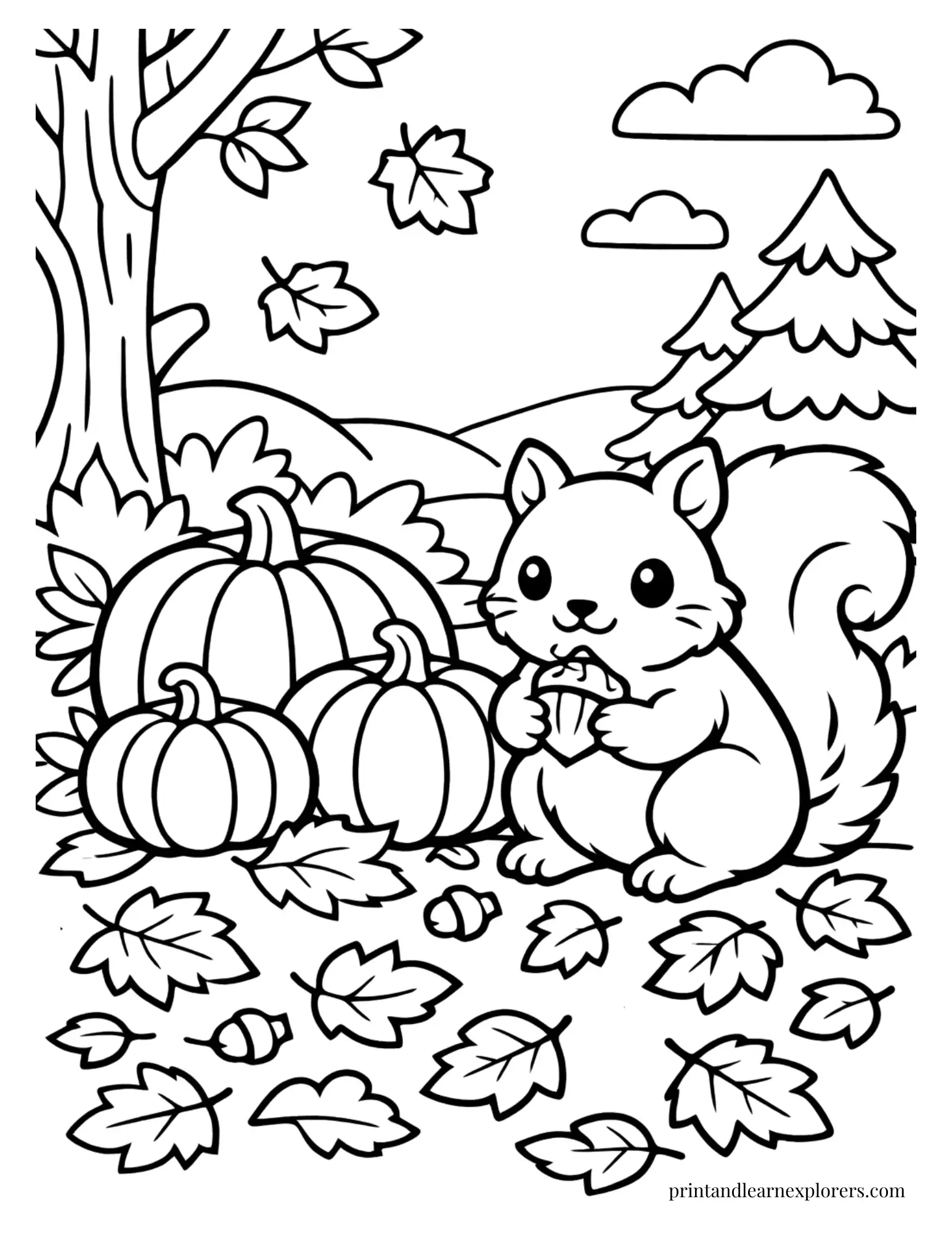 Squirrel sitting beside pumpkins and autumn leaves coloring page