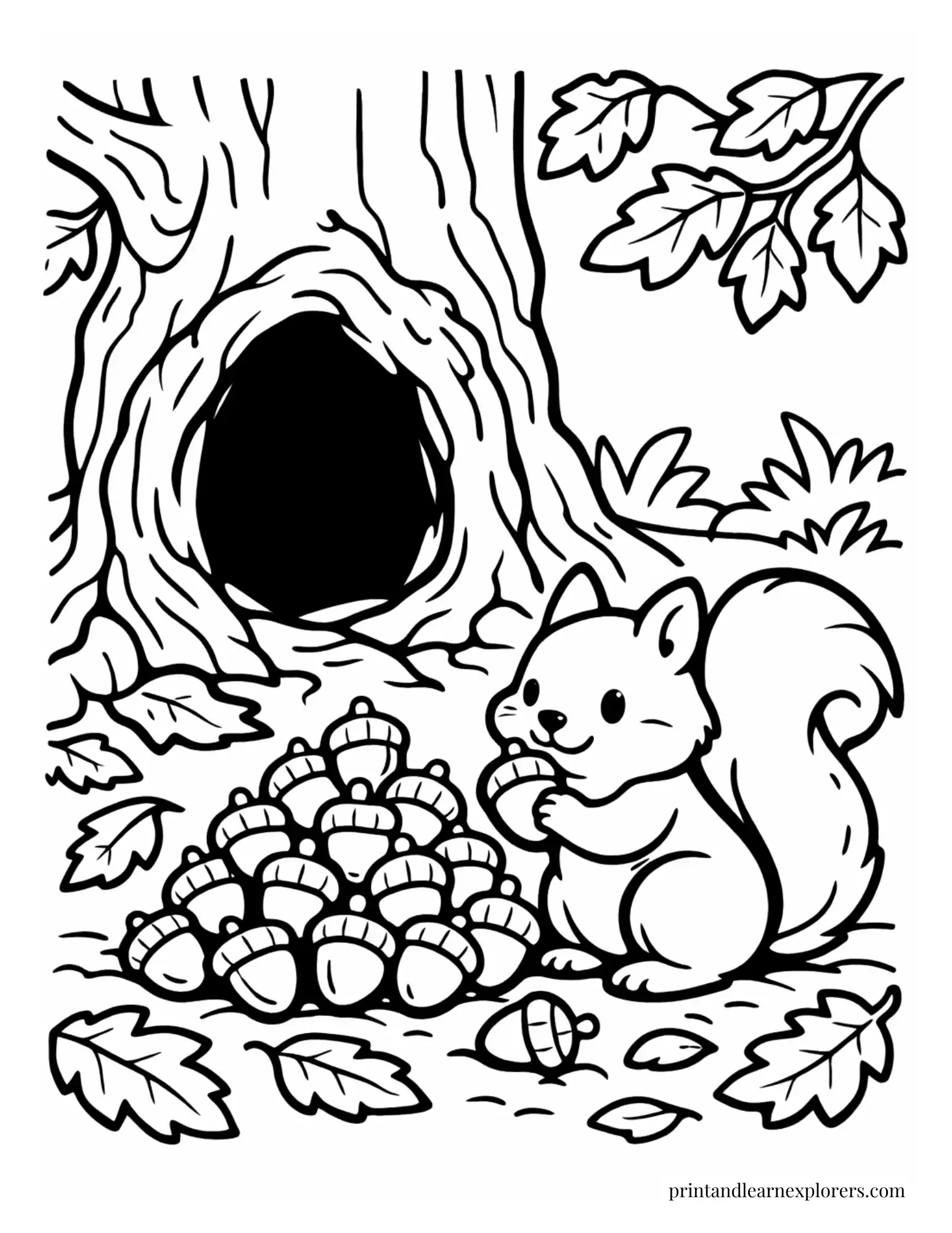 Squirrel storing acorns beside a tree hollow coloring page
