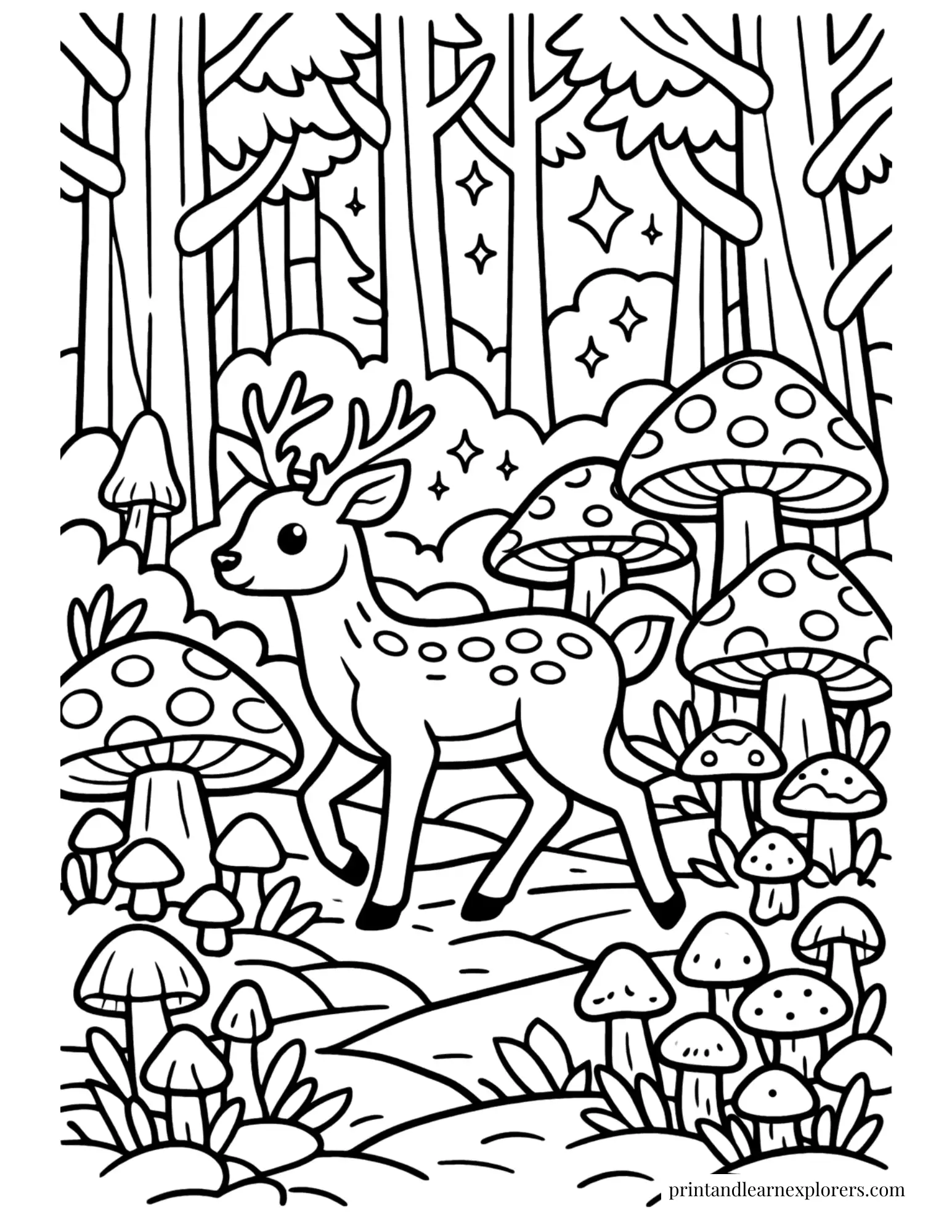 03 woodland deer in mushroom forest coloring page