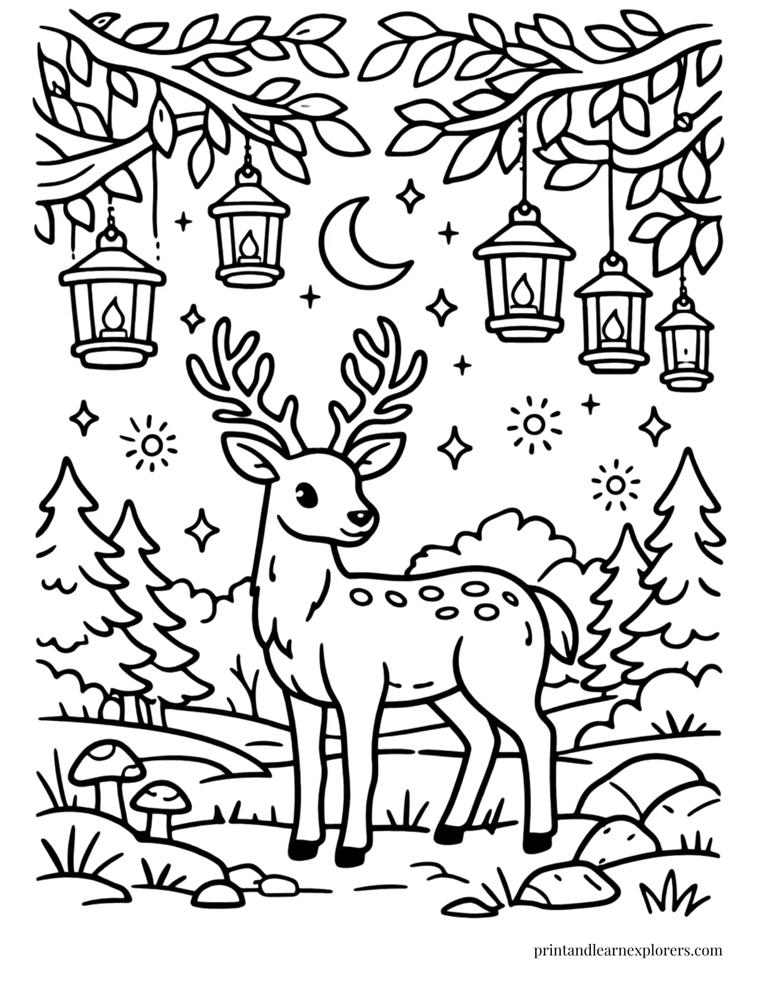 03 woodland deer with lanterns coloring page