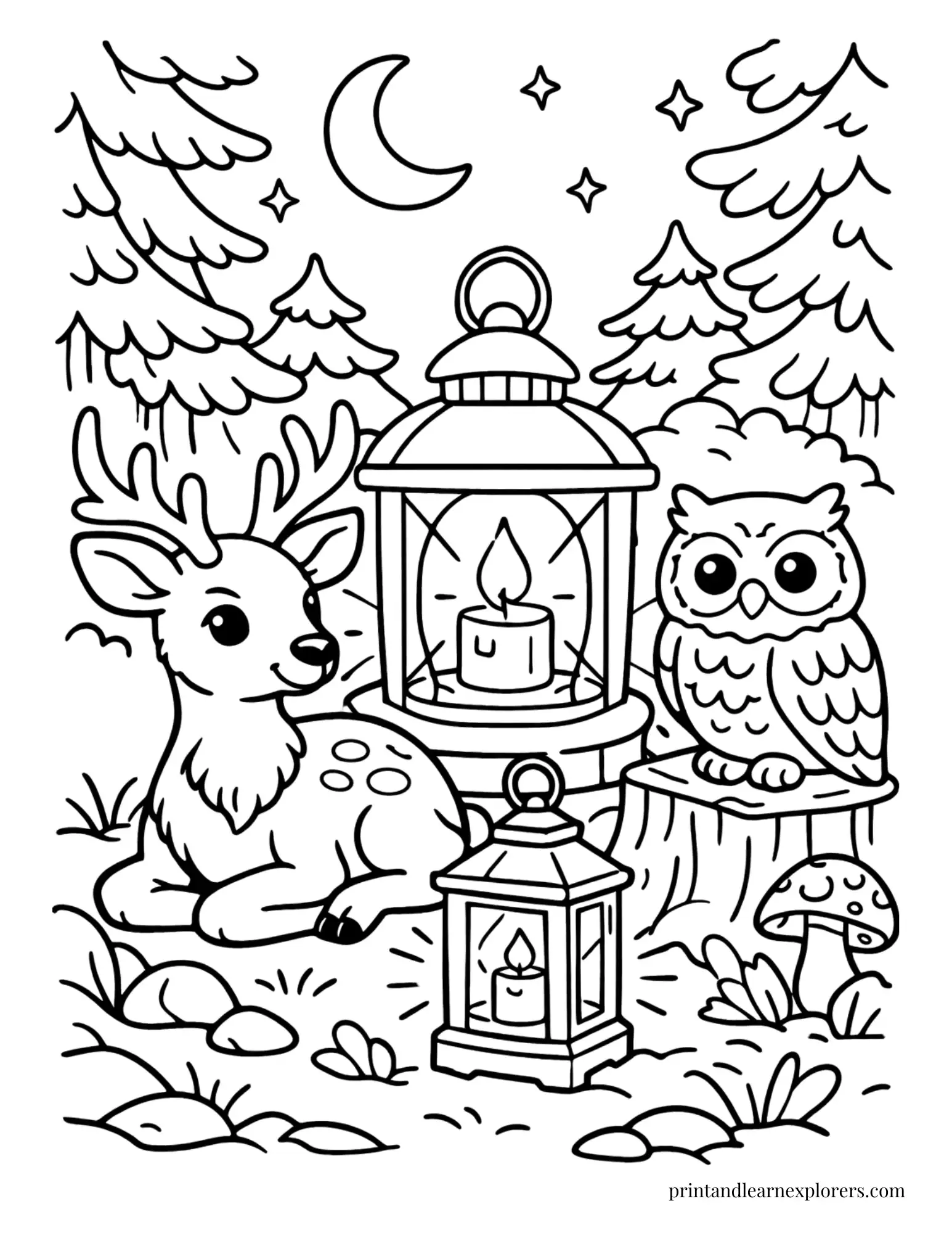 04 deer and owl in forest coloring page