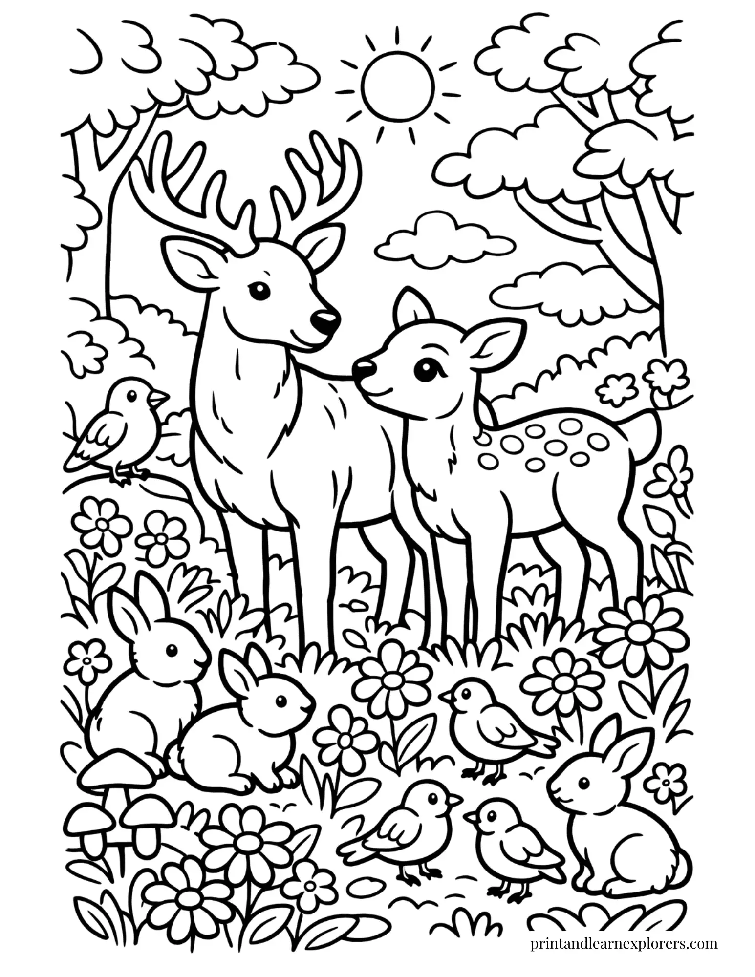 04 deer with forest animals coloring page