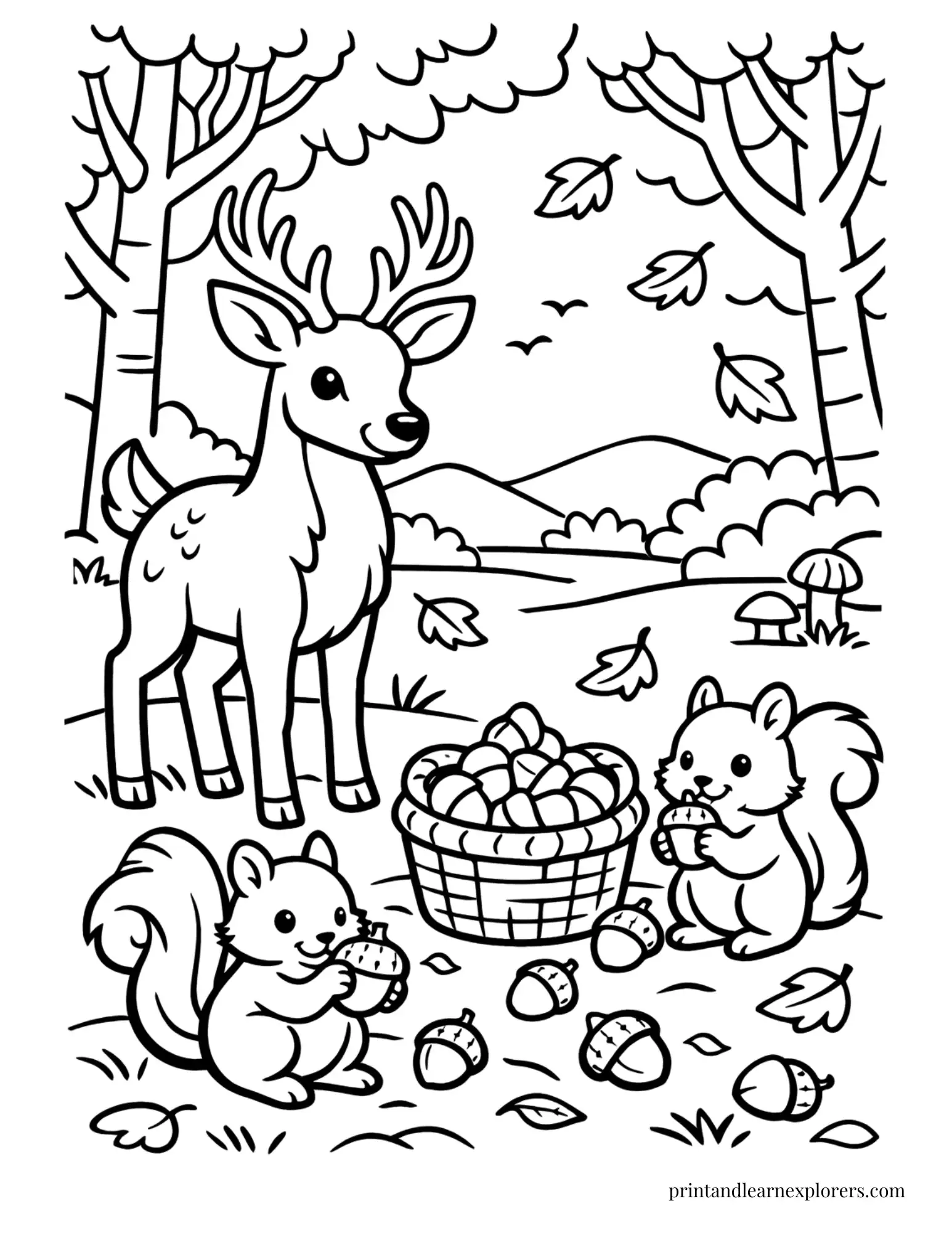 04 deer with squirrels coloring page