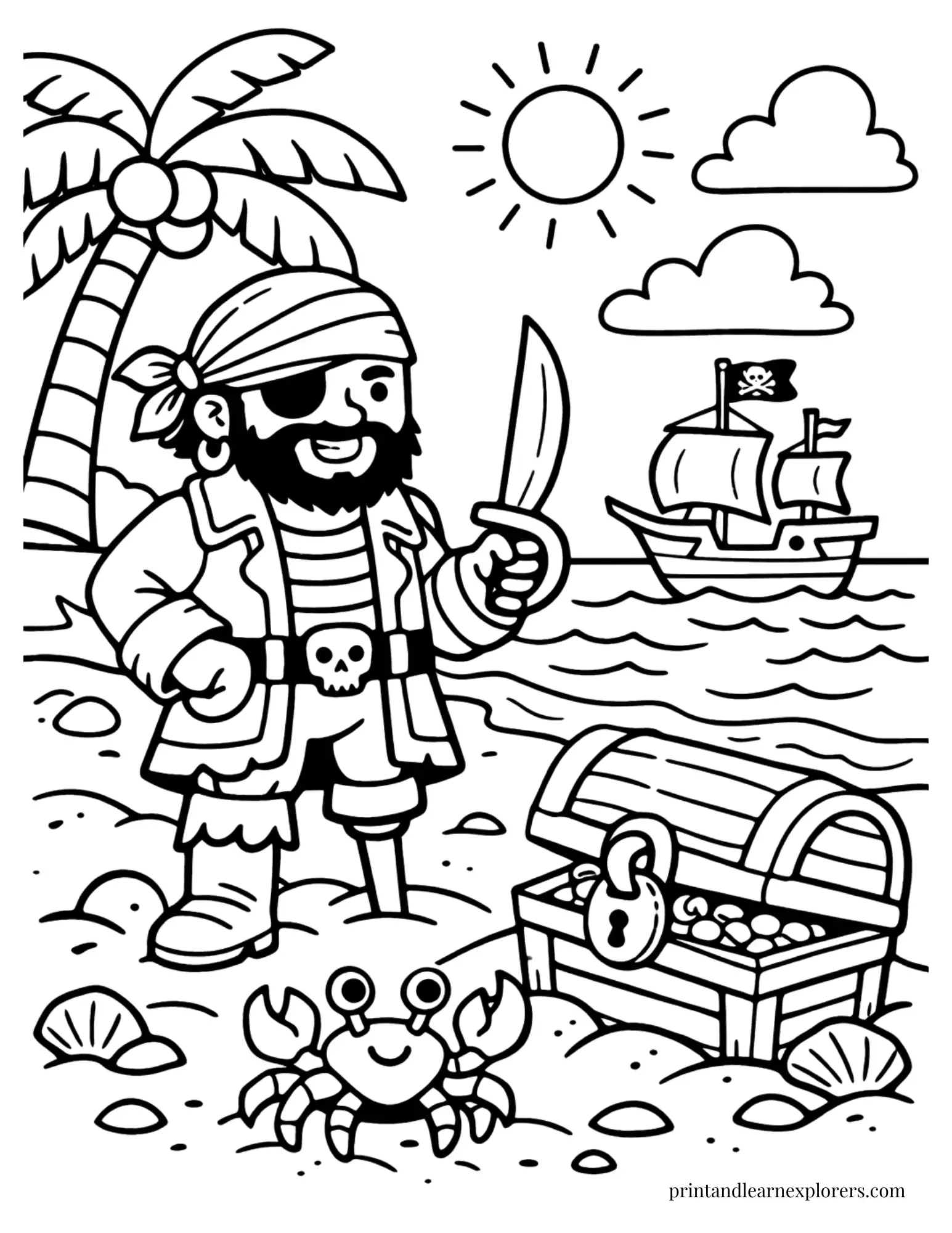 04 pirate with crab and treasure coloring page